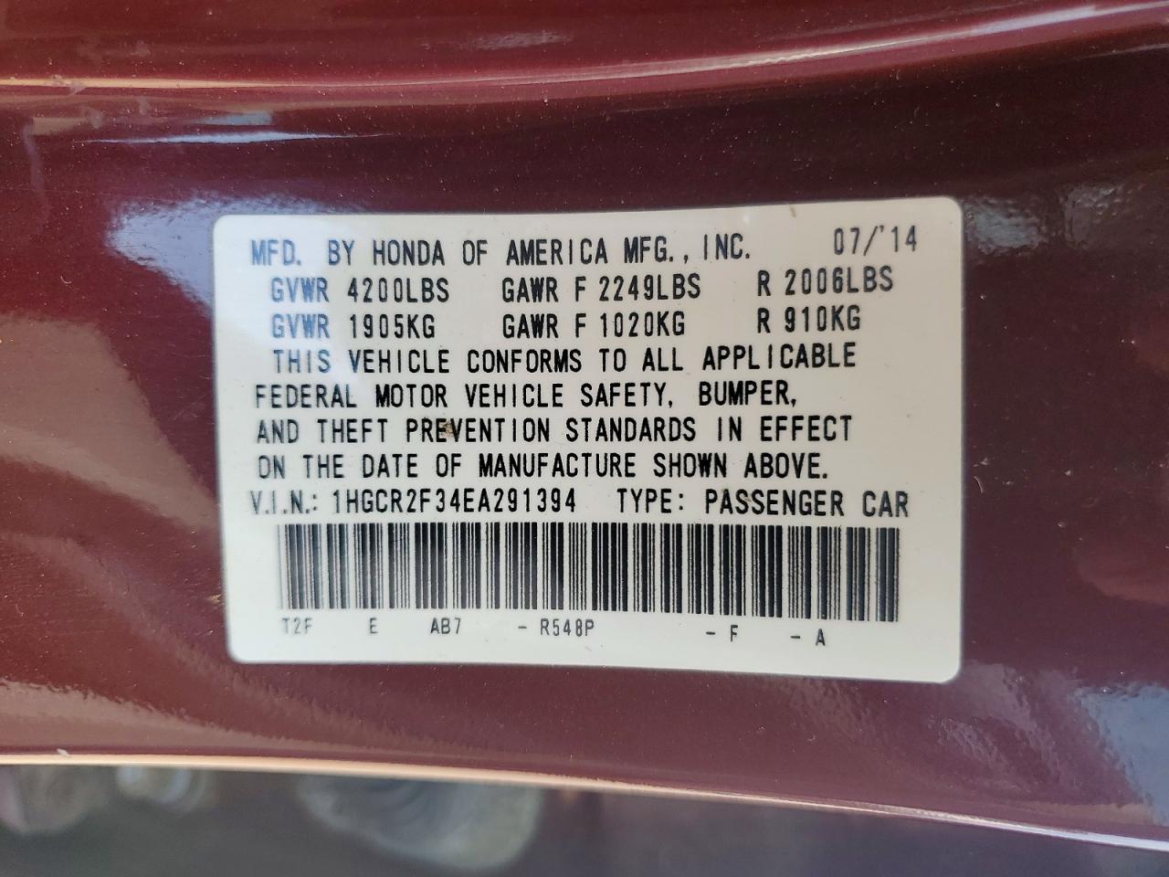2014 Honda Accord Lx Burgundy vin: 1HGCR2F34EA291394