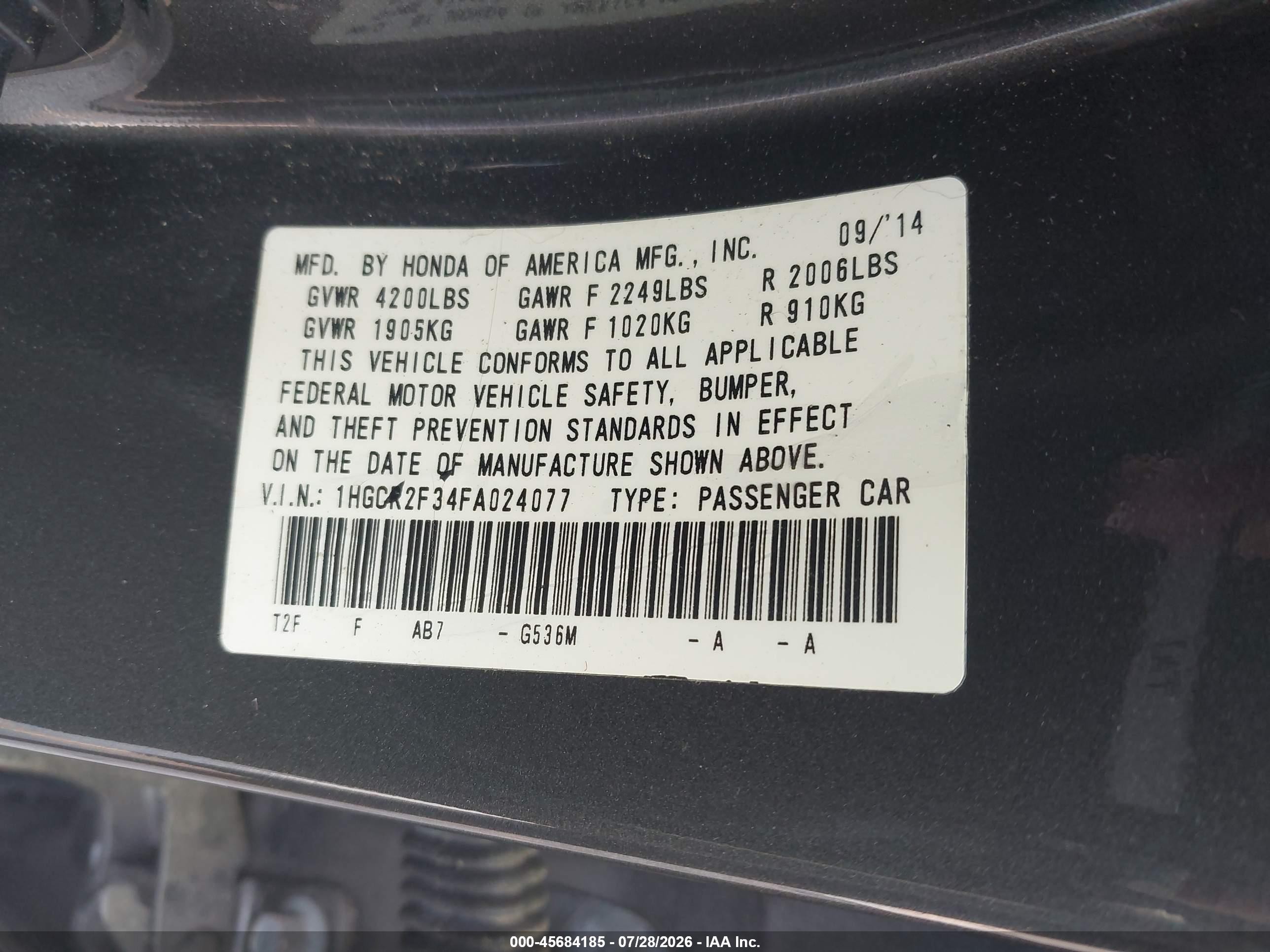 2015 Honda Accord Lx Серый vin: 1HGCR2F34FA024077