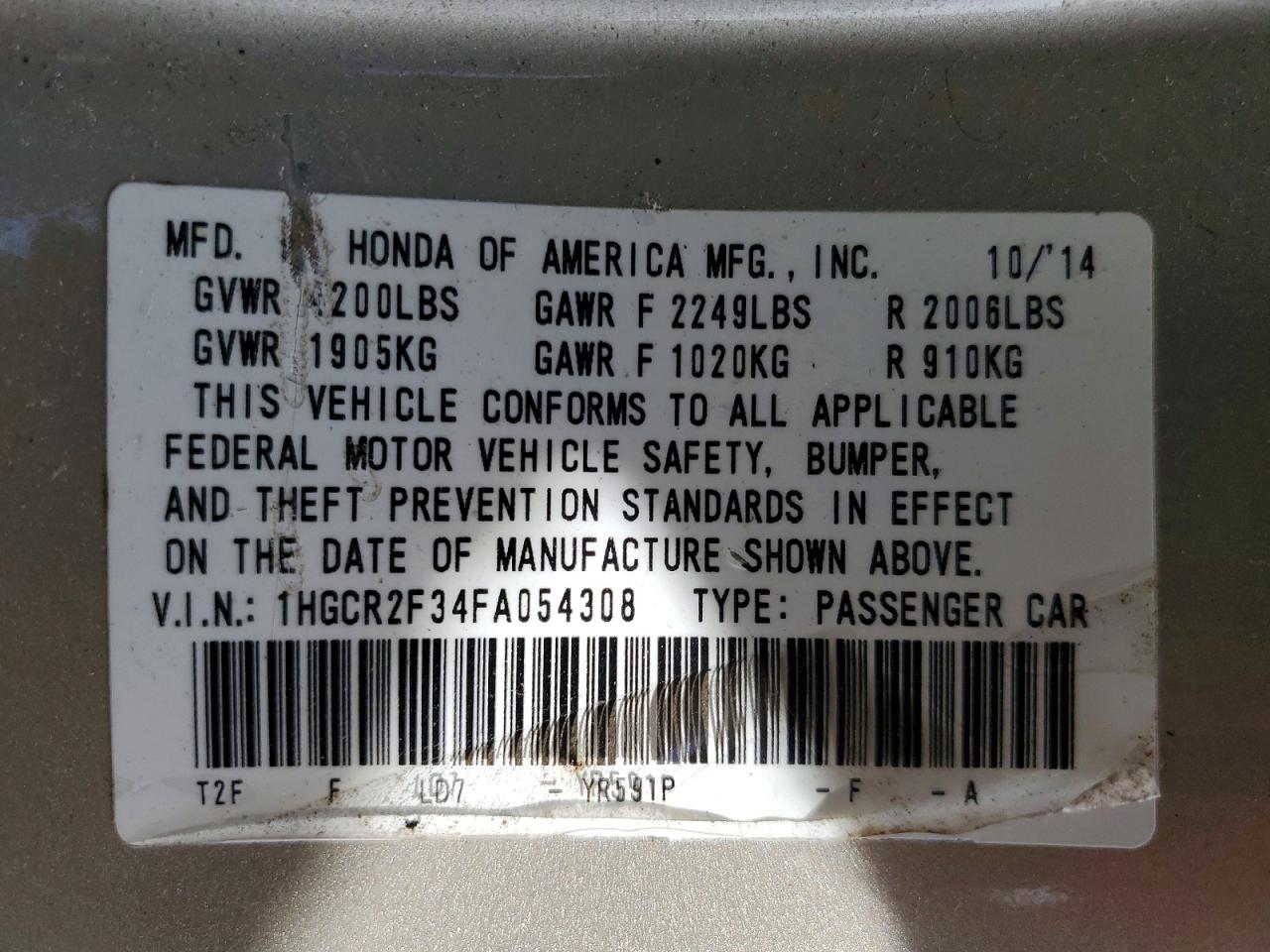 2015 Honda Accord Lx Gold vin: 1HGCR2F34FA054308