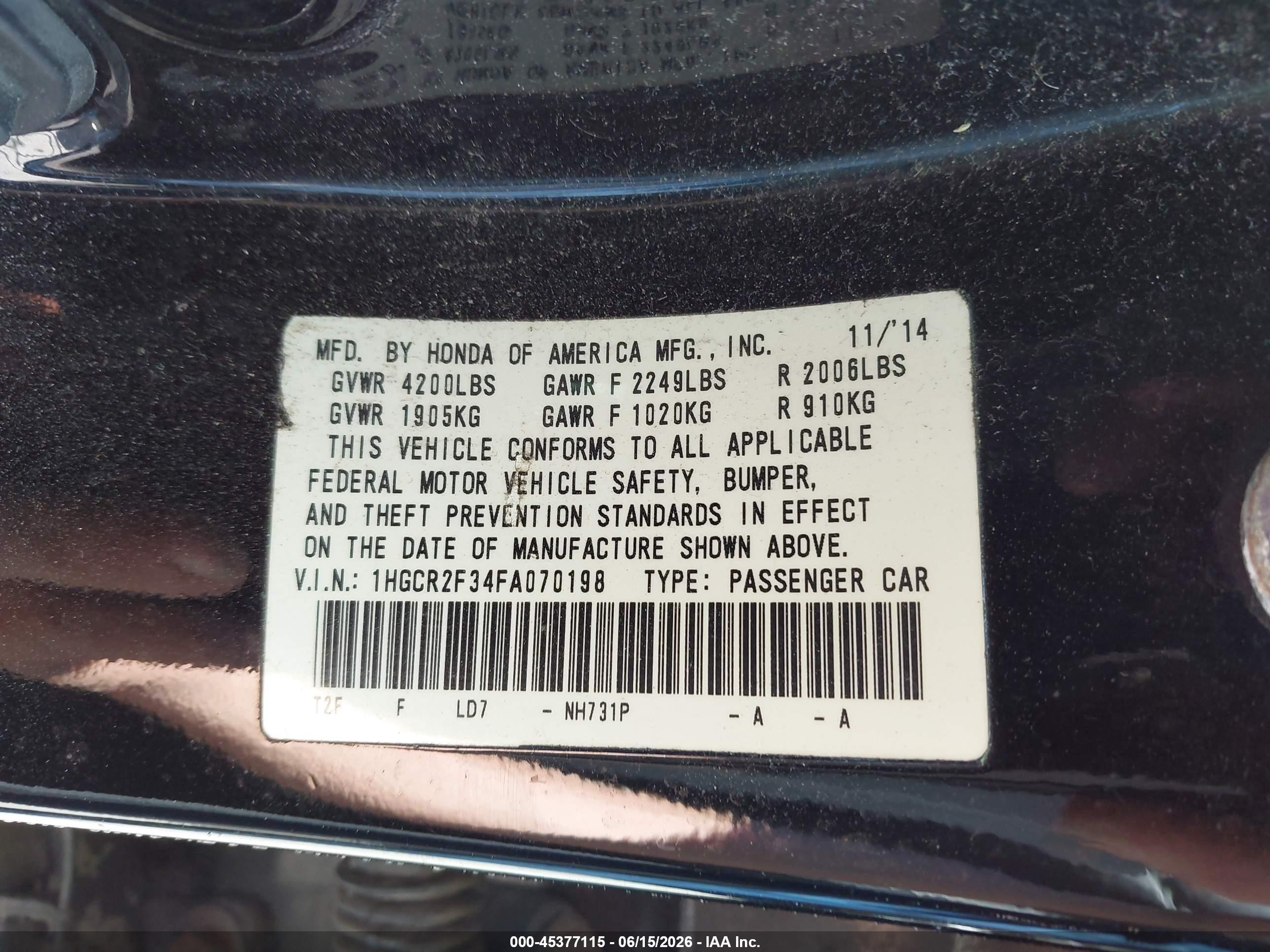 2015 Honda Accord Lx Black vin: 1HGCR2F34FA070198