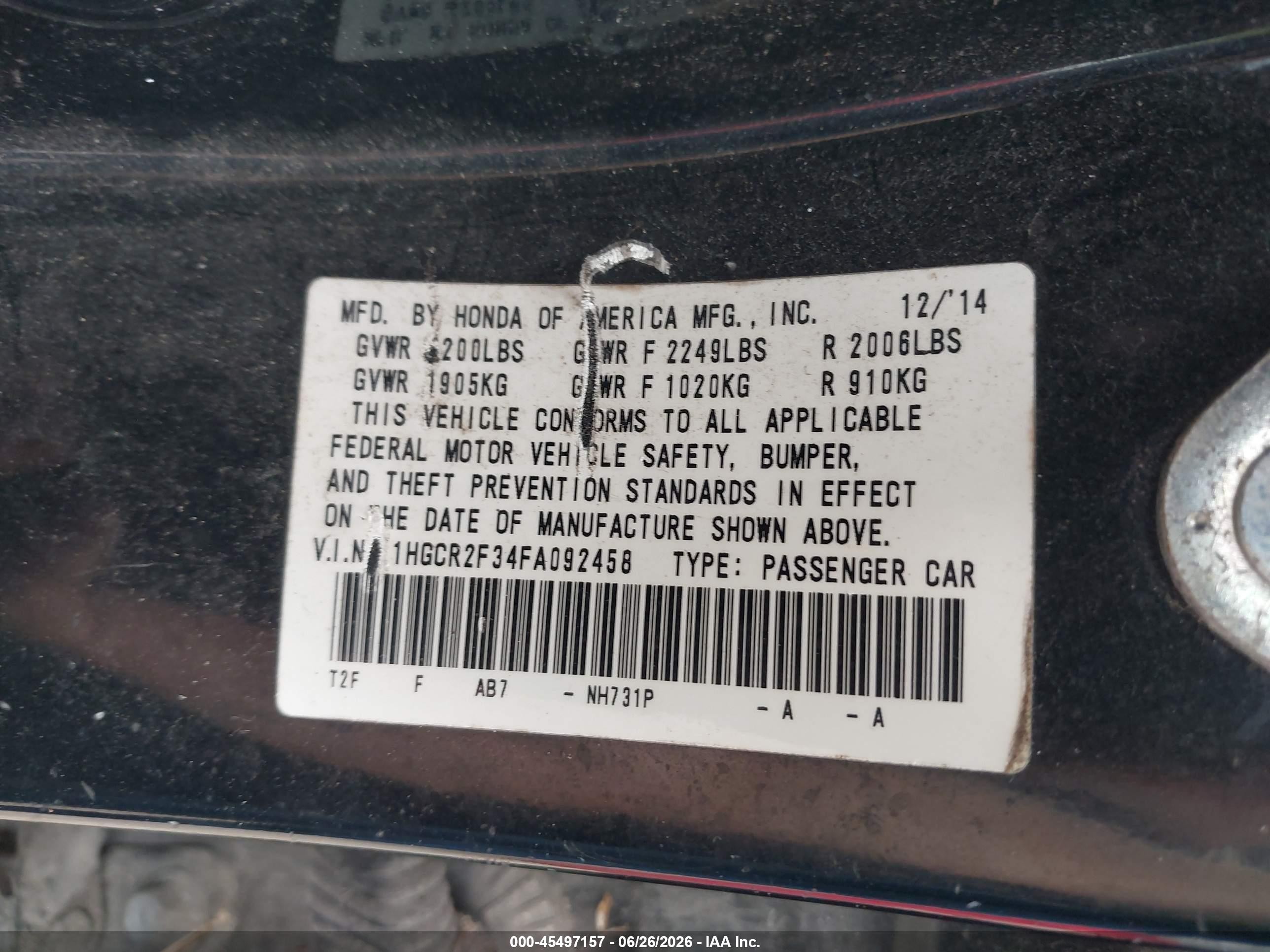 2015 Honda Accord Lx Black vin: 1HGCR2F34FA092458