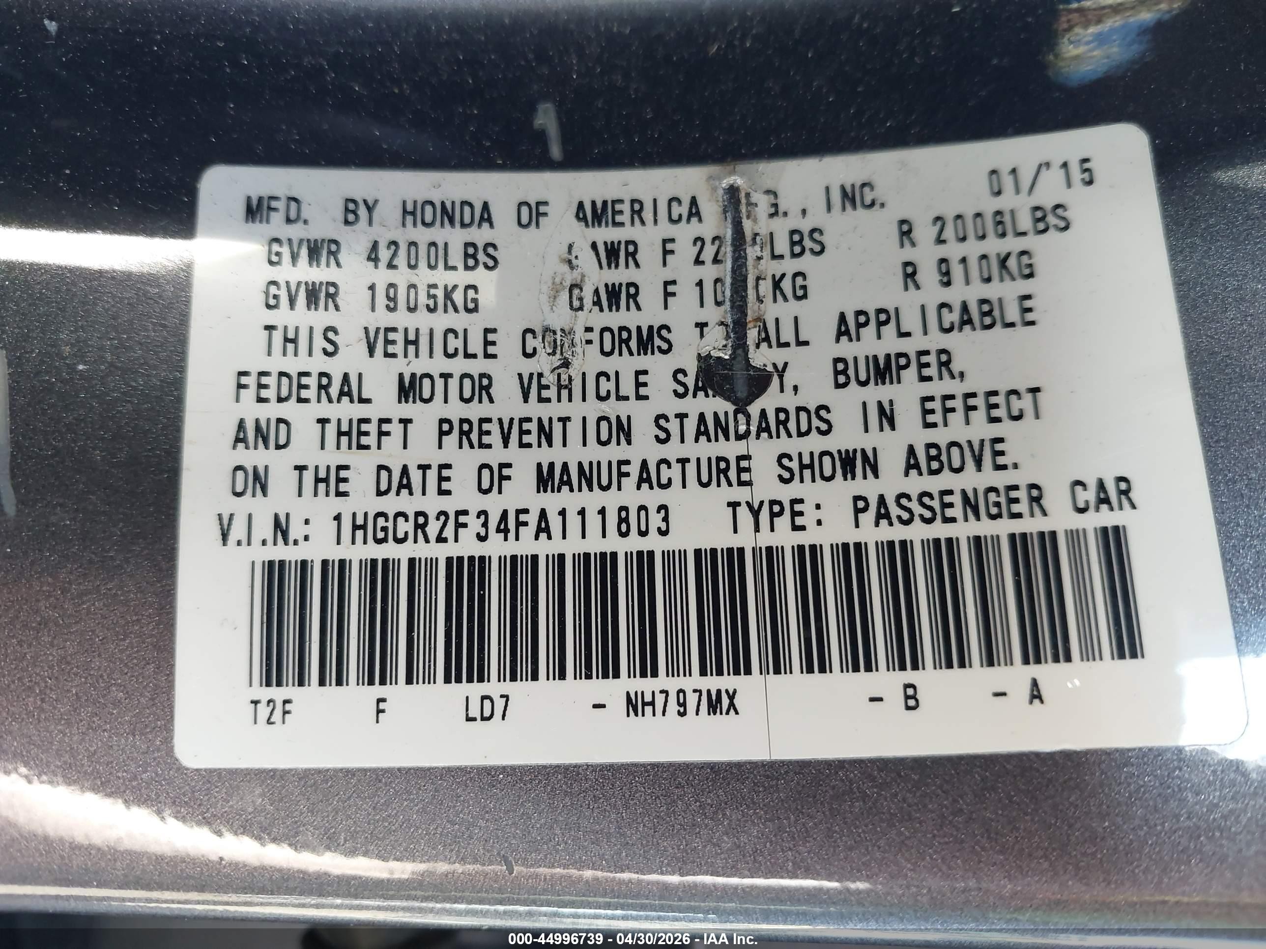 2015 Honda Accord Lx Gray vin: 1HGCR2F34FA111803