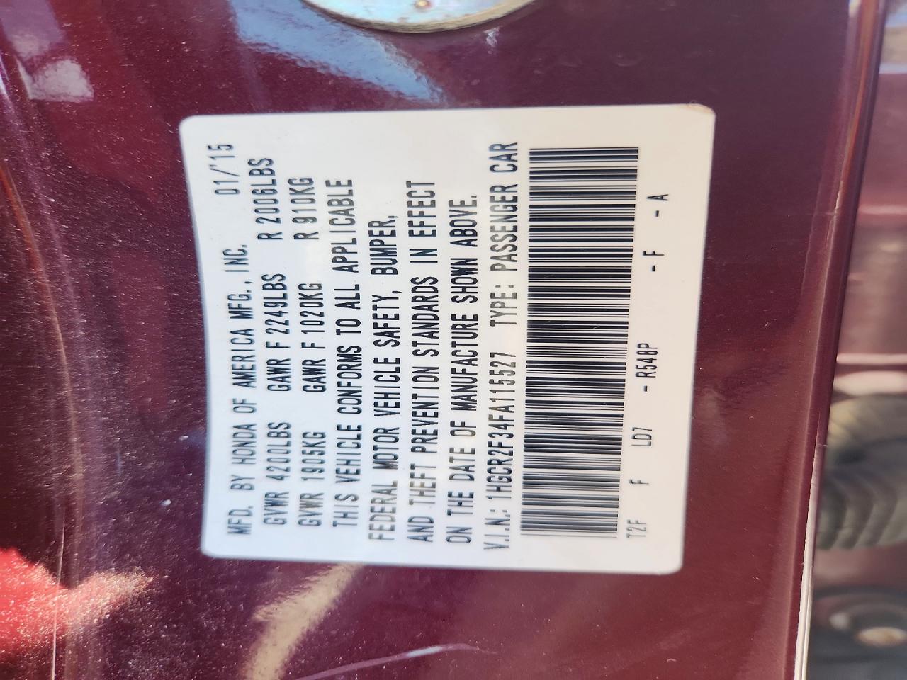 2015 Honda Accord Lx Maroon vin: 1HGCR2F34FA115527