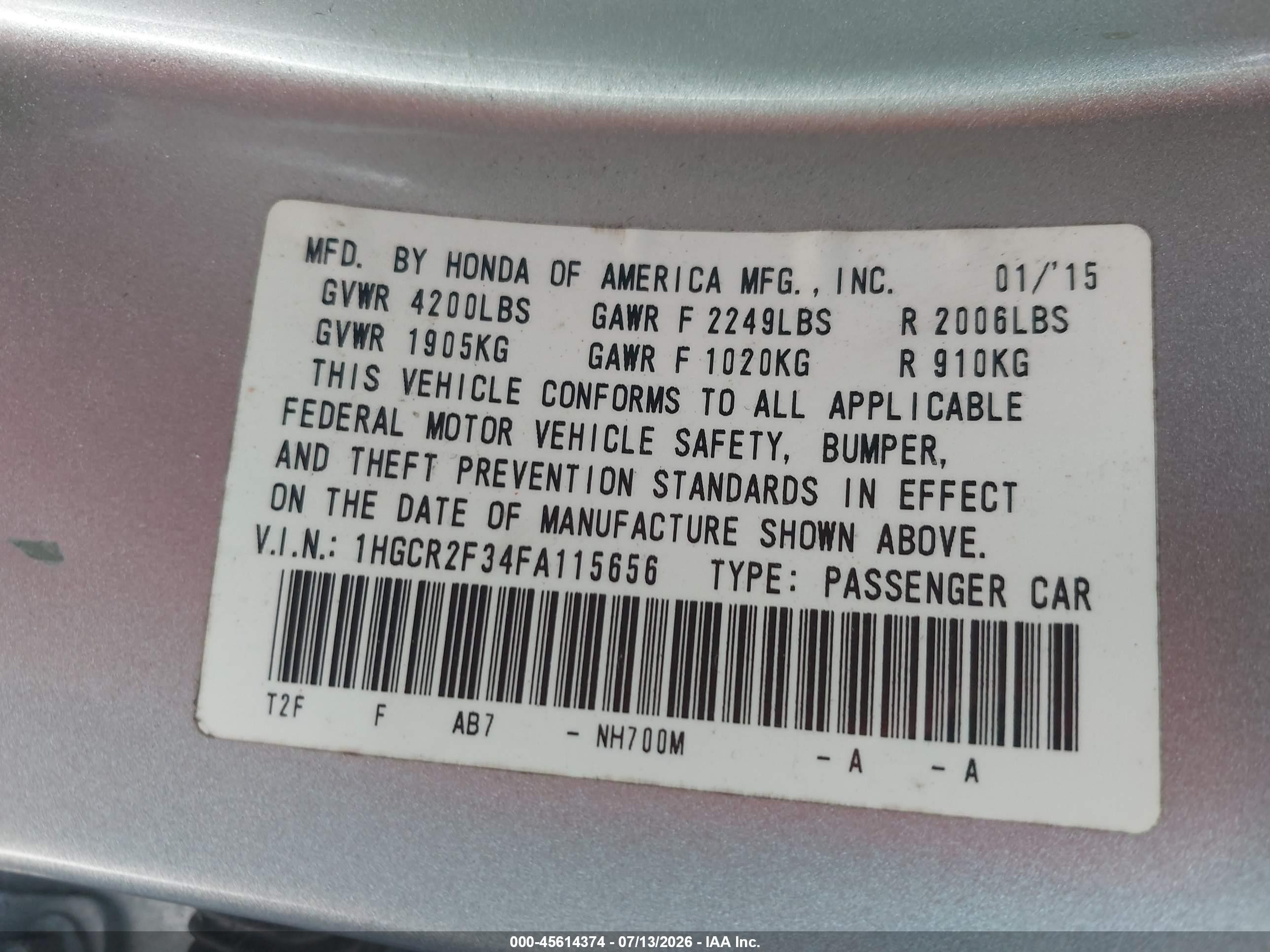 2015 Honda Accord Lx Silver vin: 1HGCR2F34FA115656