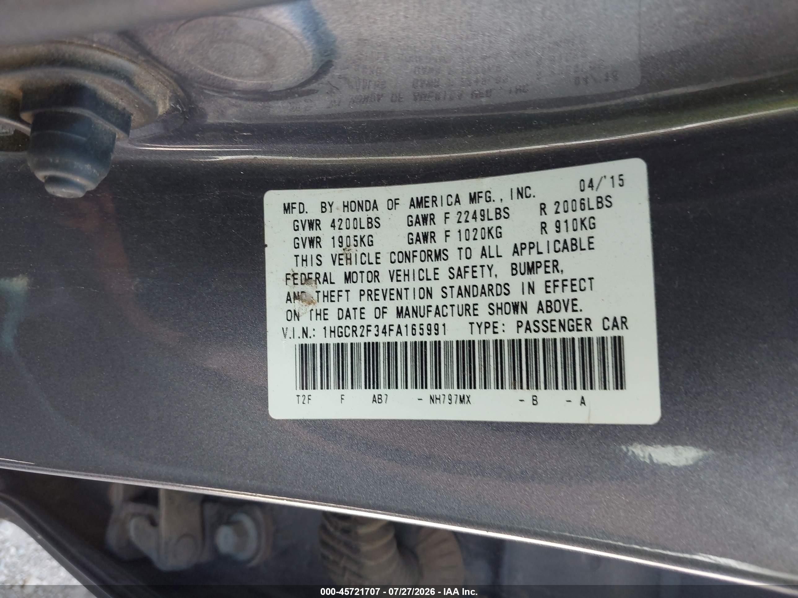 2015 Honda Accord Lx Gray vin: 1HGCR2F34FA165991