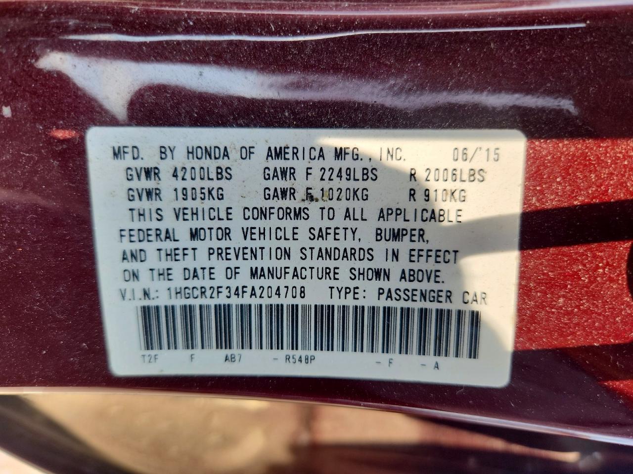 2015 Honda Accord Lx Burgundy vin: 1HGCR2F34FA204708
