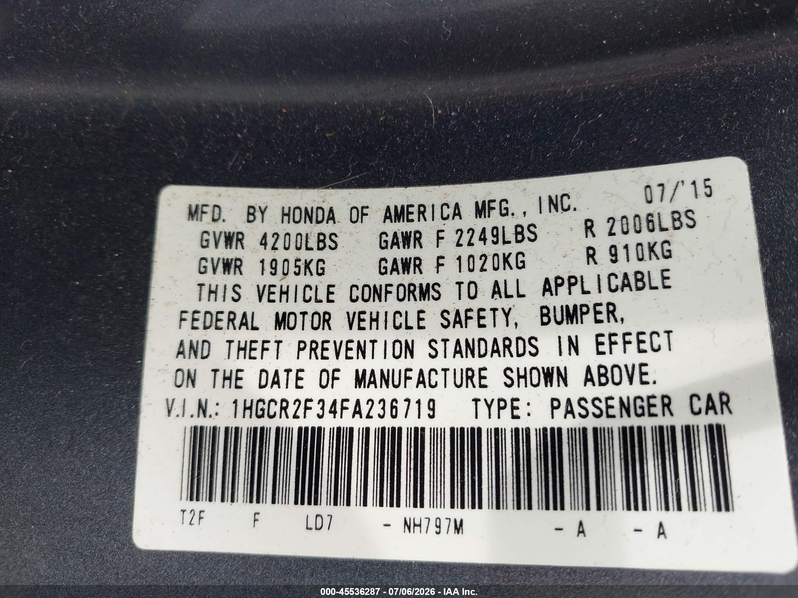 2015 Honda Accord Lx Gray vin: 1HGCR2F34FA236719