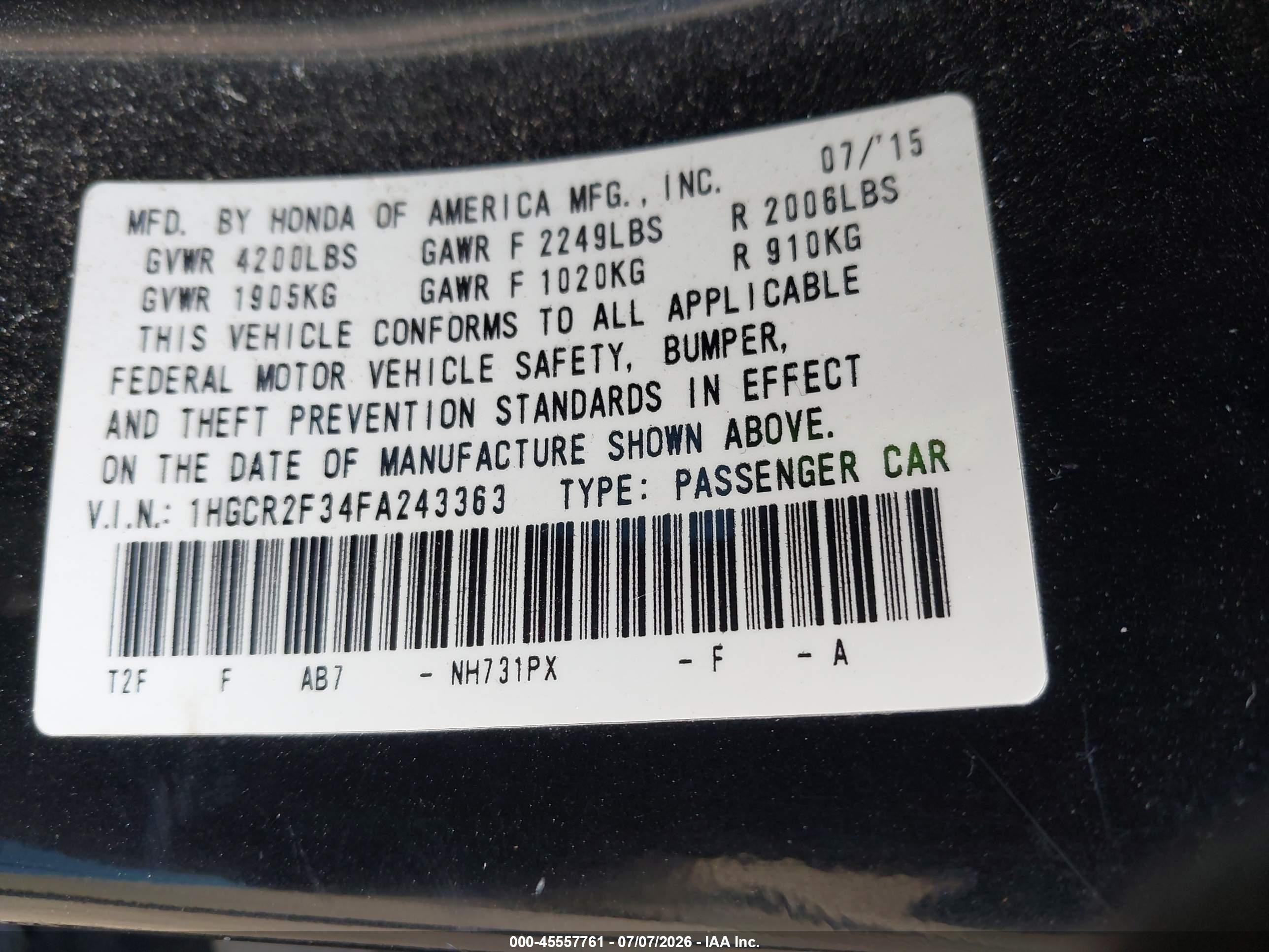 2015 Honda Accord Lx Black vin: 1HGCR2F34FA243363