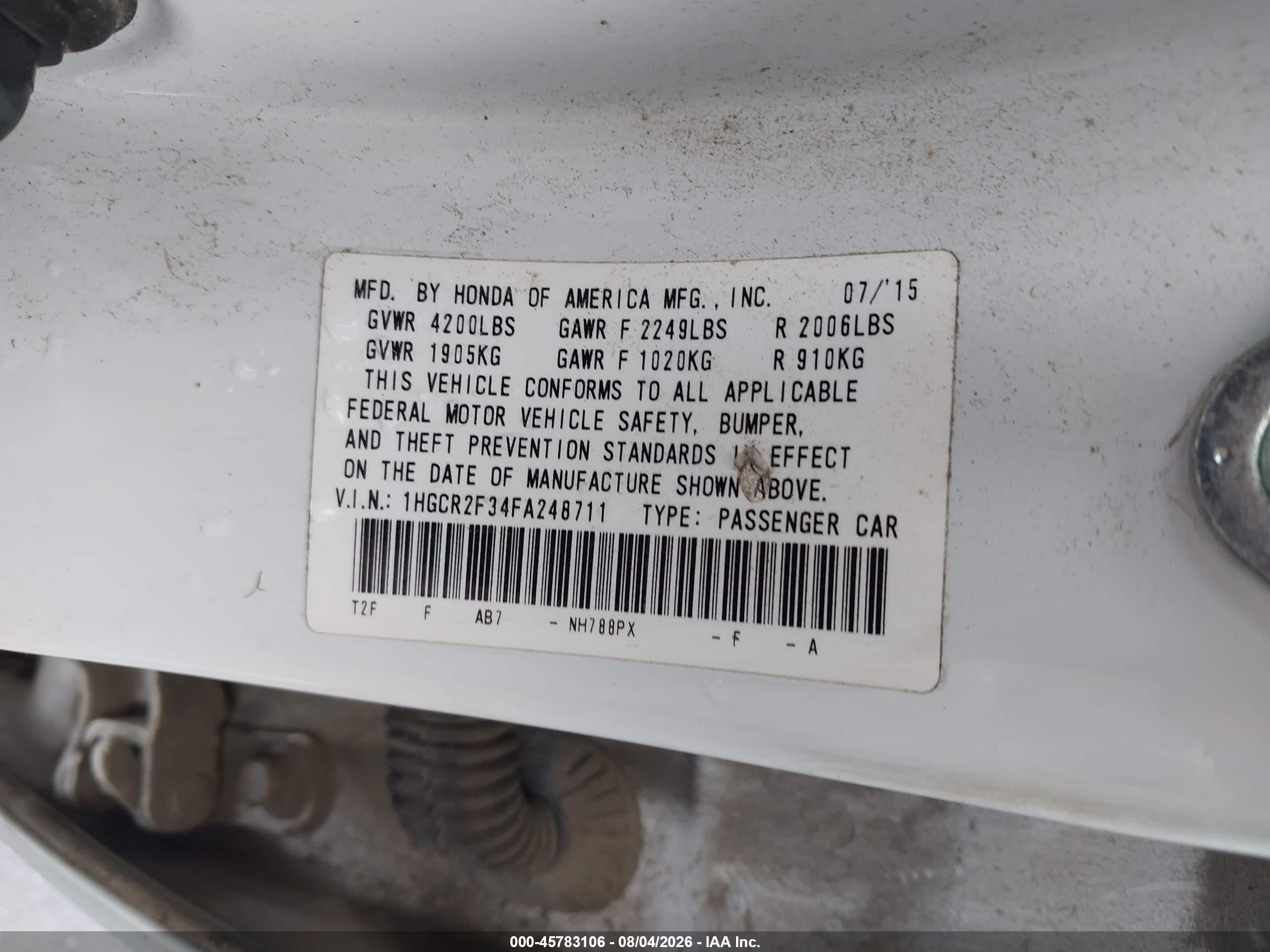 2015 Honda Accord Lx Белый vin: 1HGCR2F34FA248711