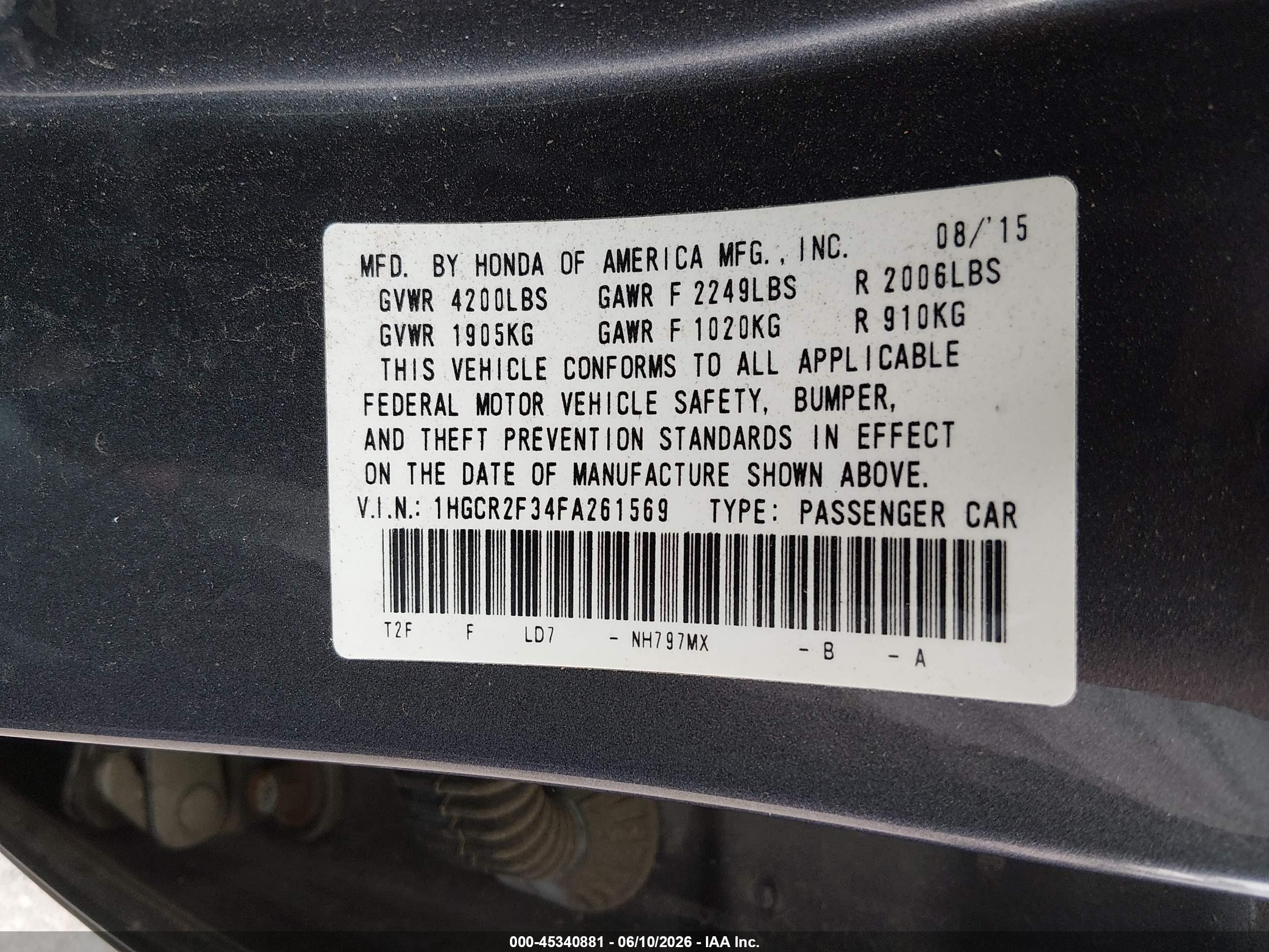2015 Honda Accord Lx Gray vin: 1HGCR2F34FA261569