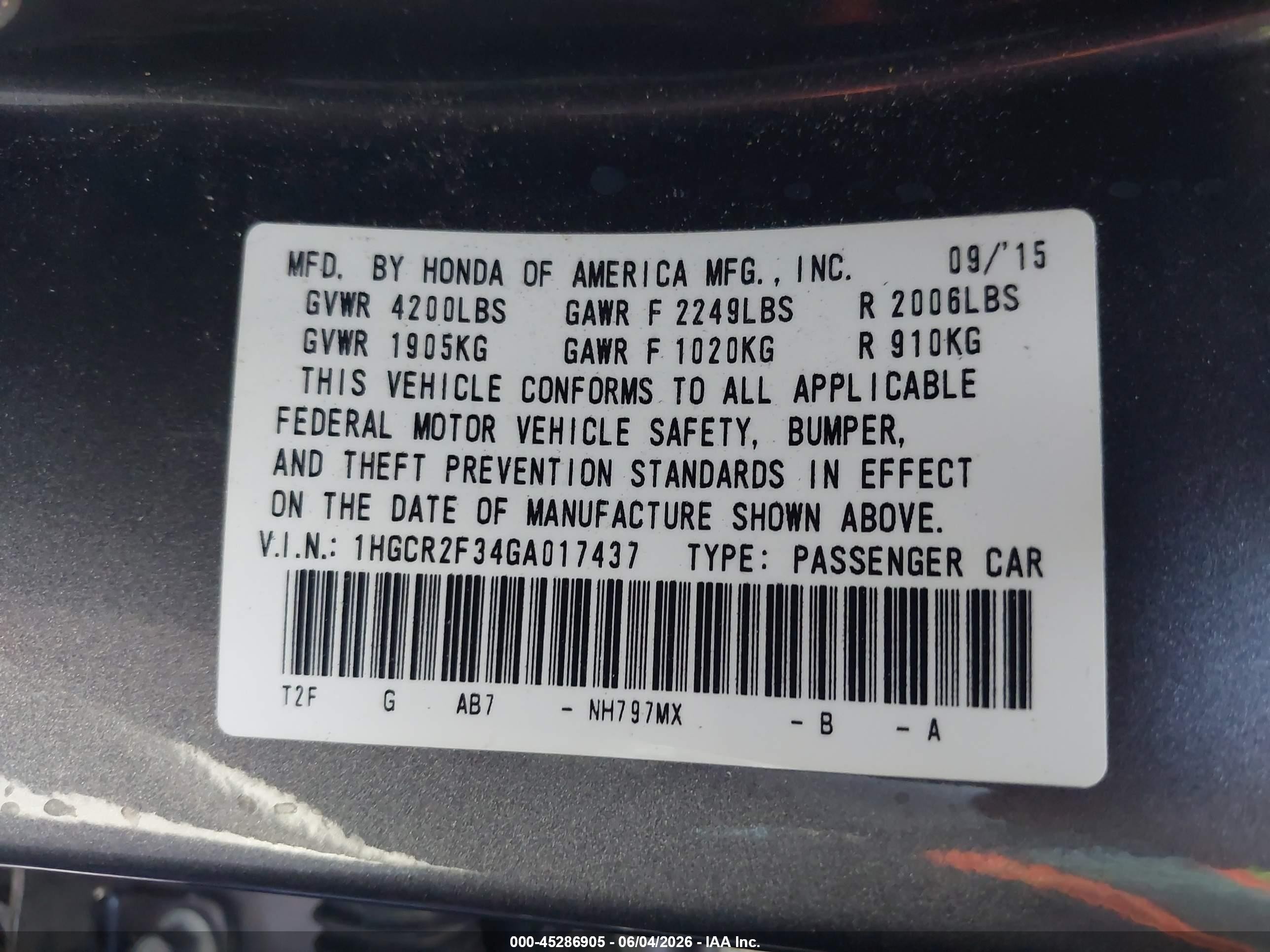 2016 Honda Accord Lx Gray vin: 1HGCR2F34GA017437