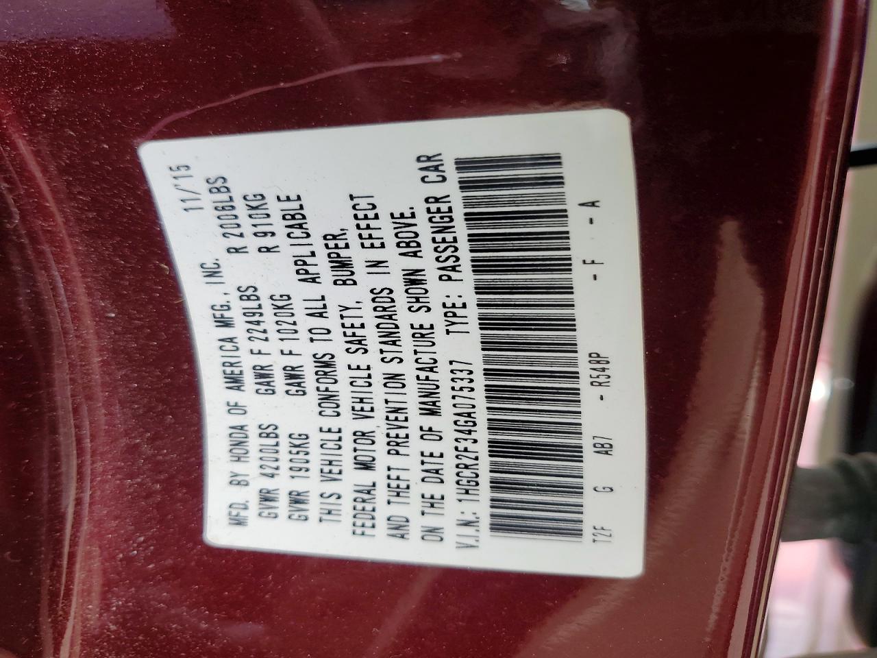 2016 Honda Accord Lx Burgundy vin: 1HGCR2F34GA075337