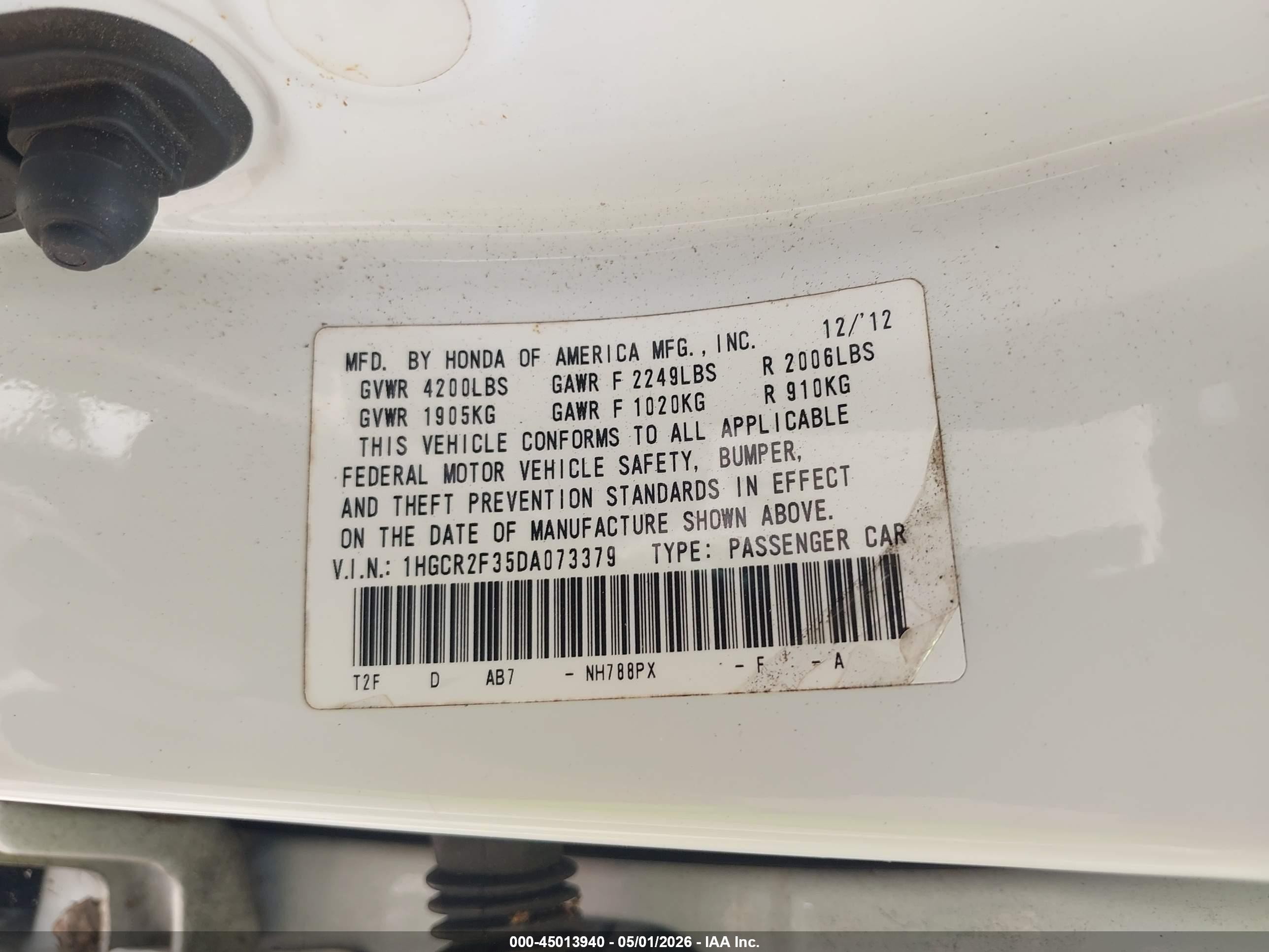 2013 Honda Accord Lx White vin: 1HGCR2F35DA073379