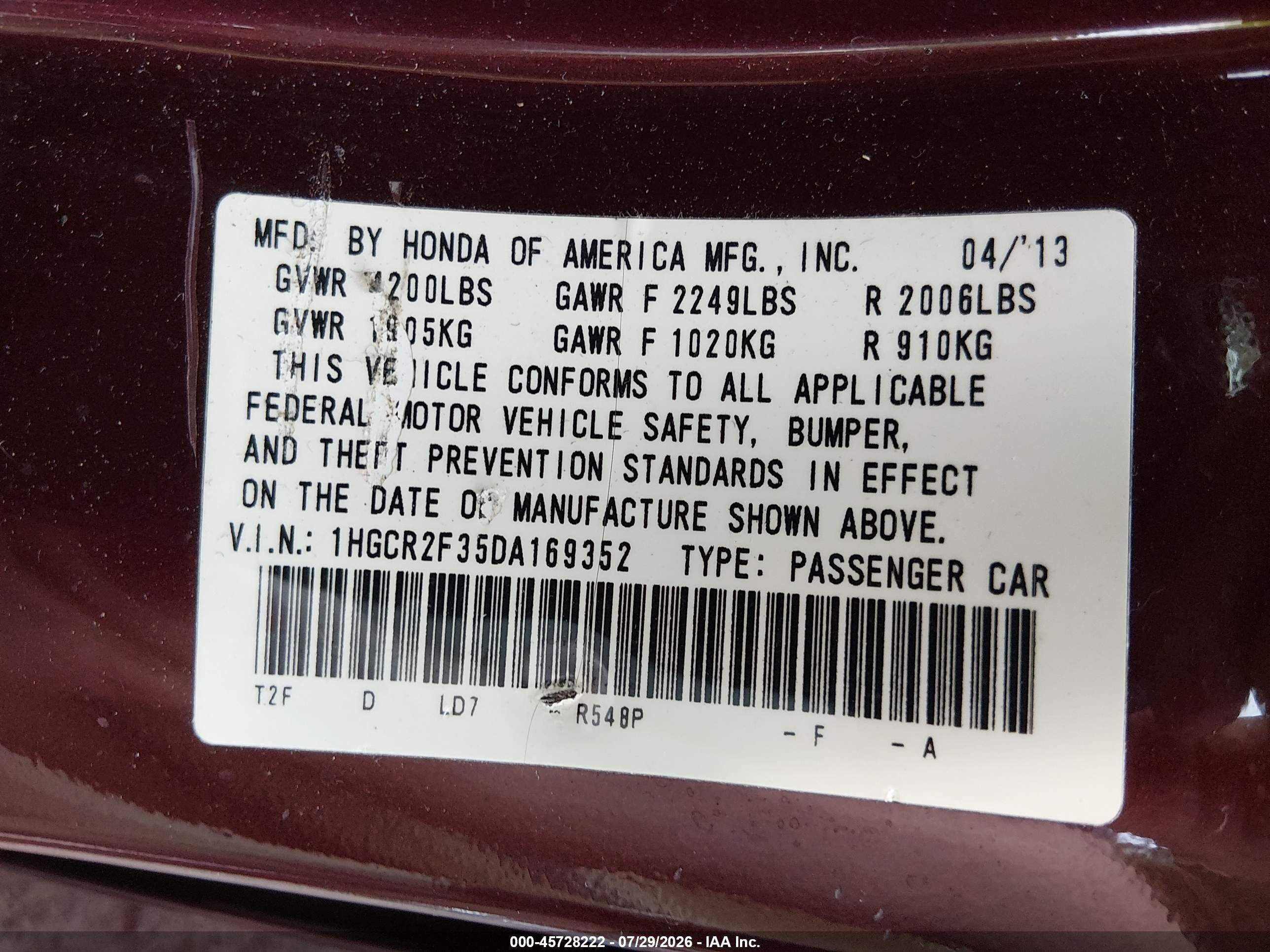2013 Honda Accord Lx Maroon vin: 1HGCR2F35DA169352
