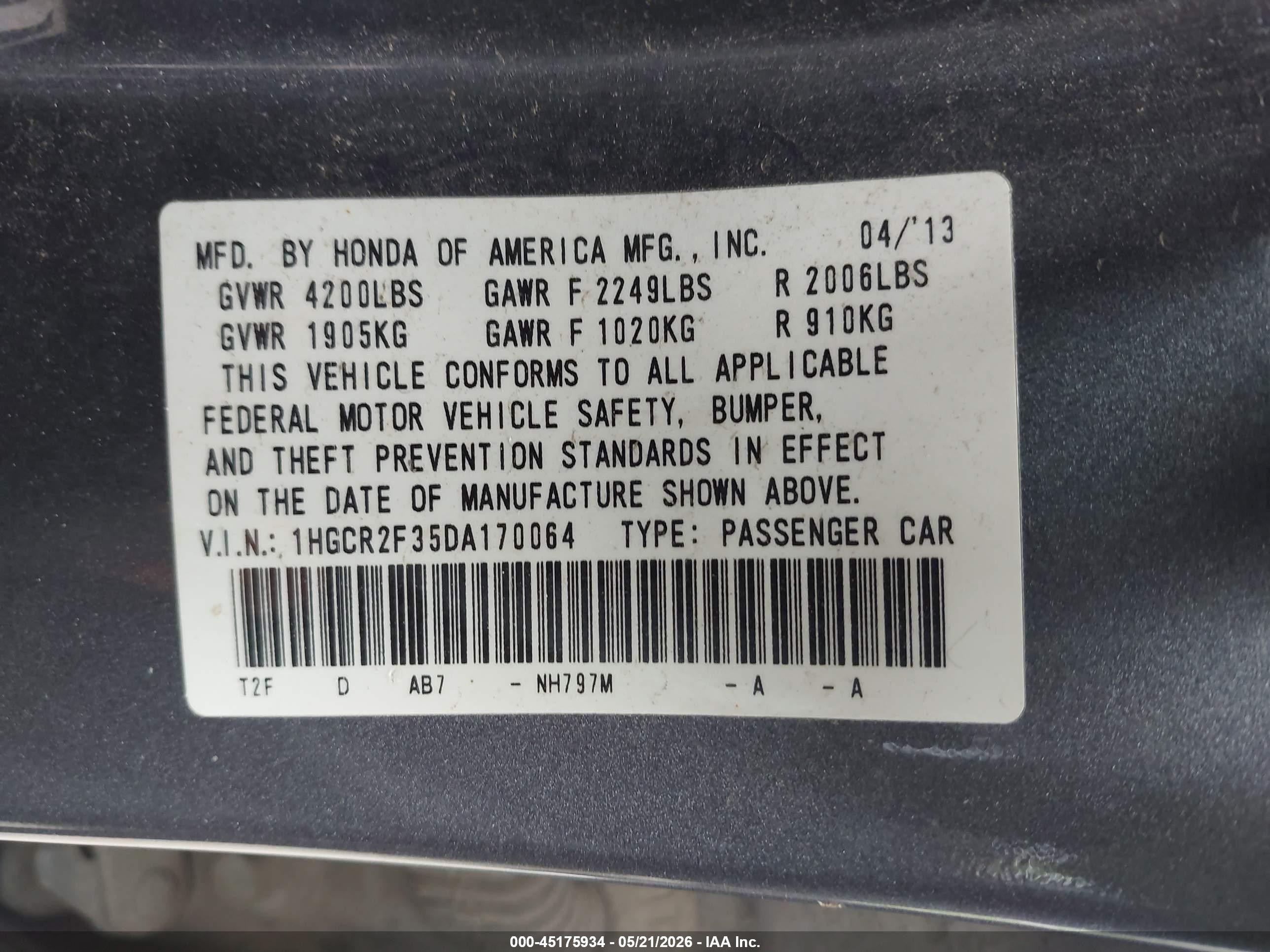 2013 Honda Accord Lx Gray vin: 1HGCR2F35DA170064
