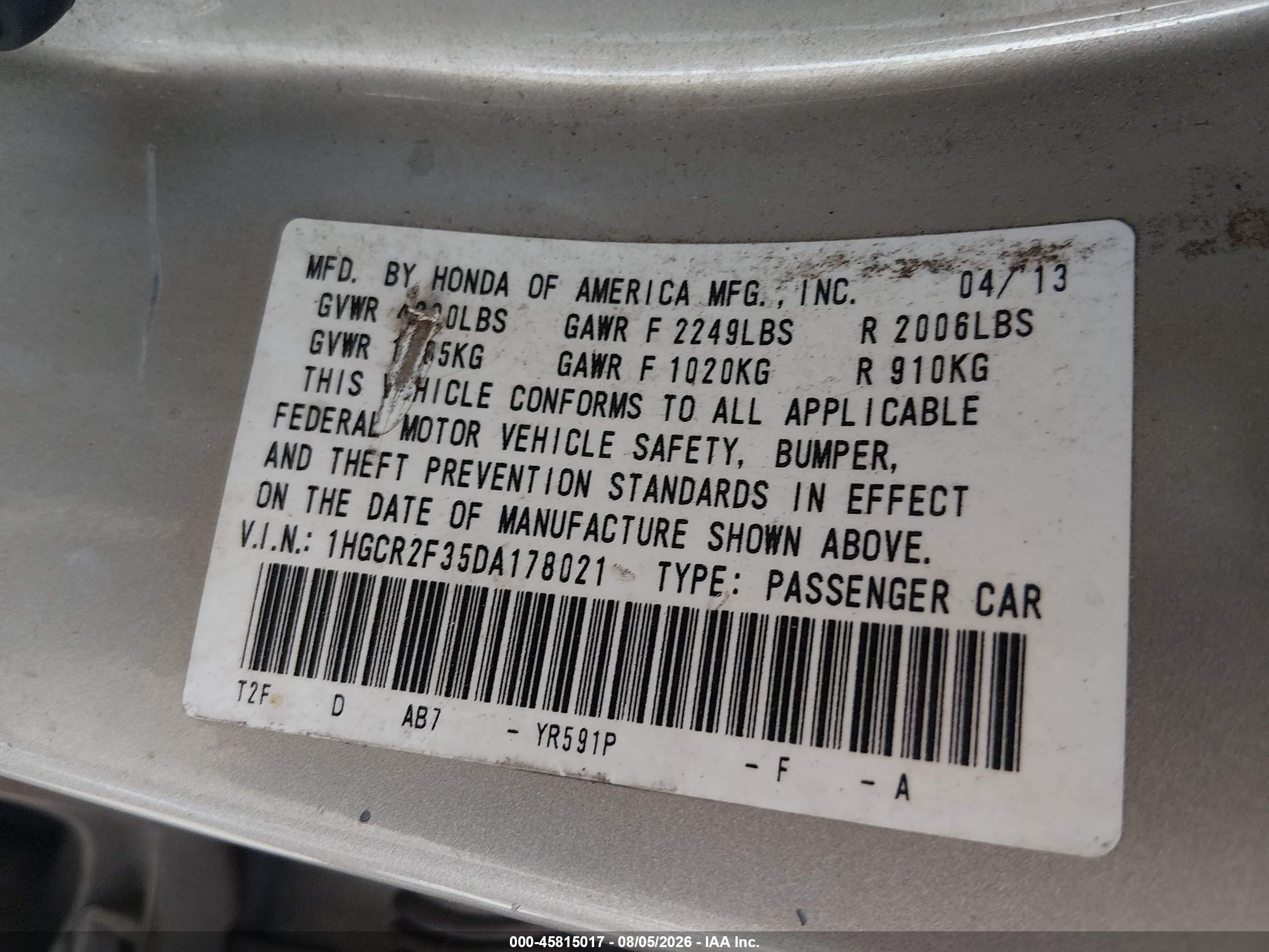 2013 Honda Accord Lx Gold vin: 1HGCR2F35DA178021