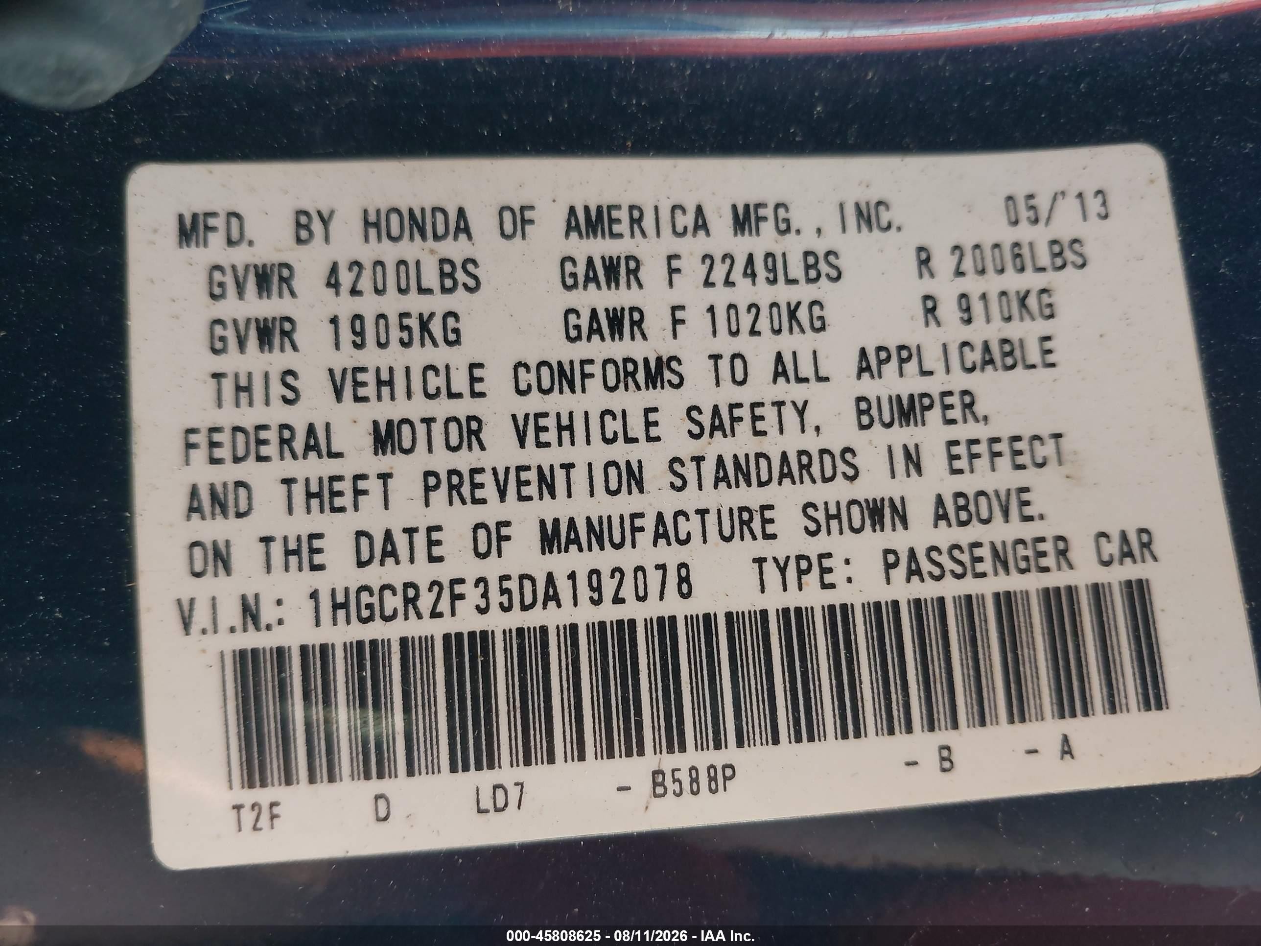 2013 Honda Accord Lx Blue vin: 1HGCR2F35DA192078