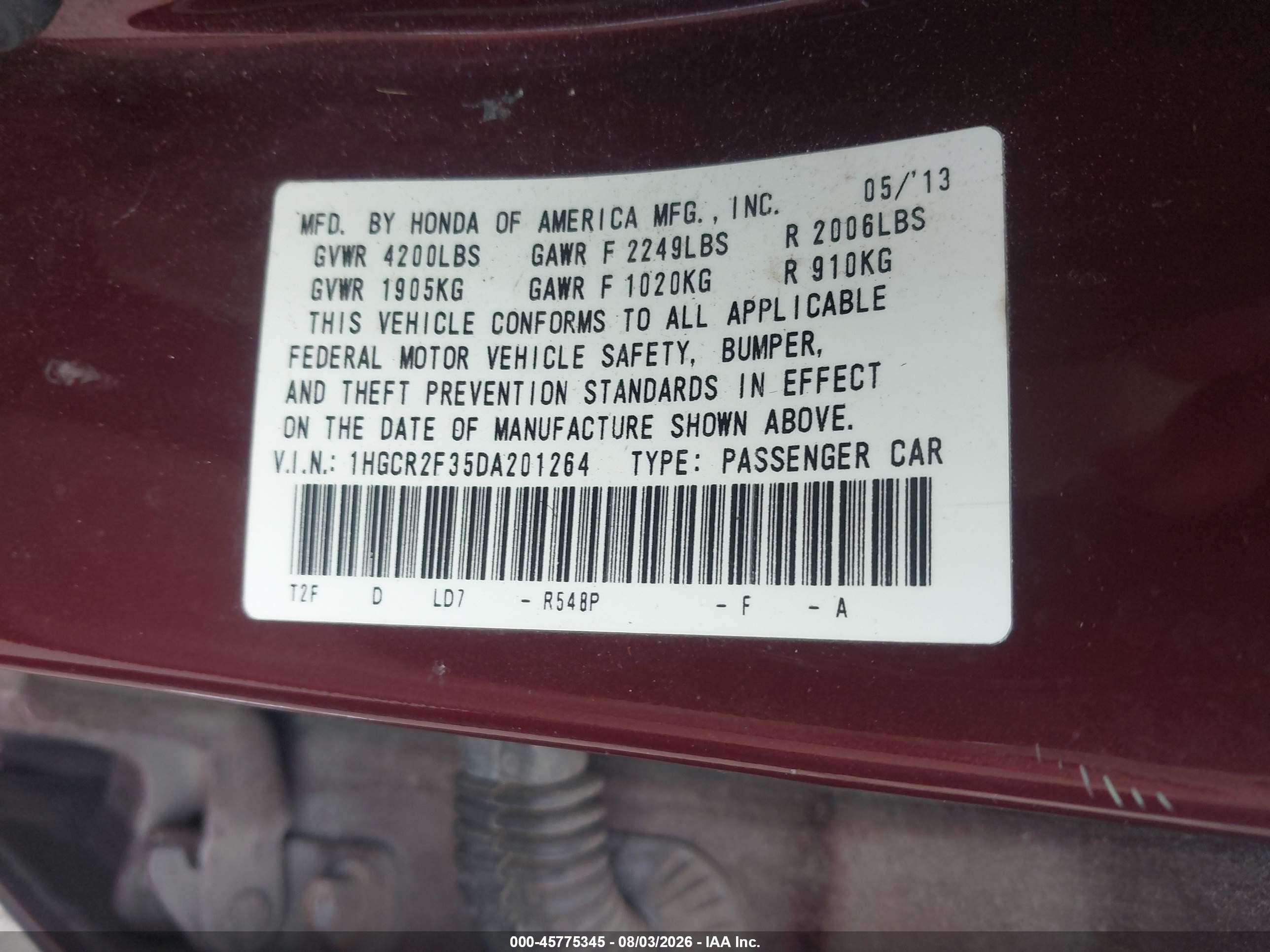 2013 Honda Accord Lx Burgundy vin: 1HGCR2F35DA201264
