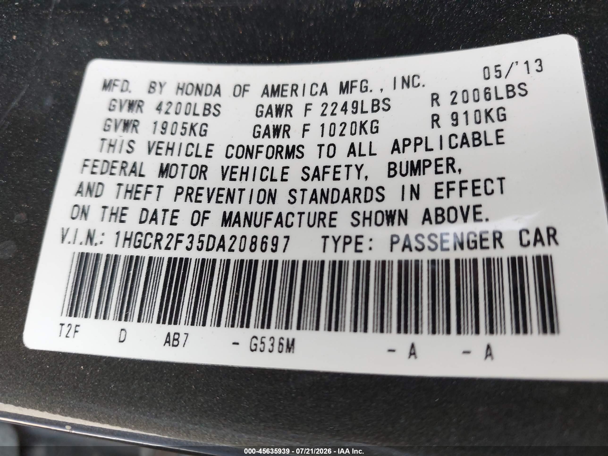2013 Honda Accord Lx Серый vin: 1HGCR2F35DA208697