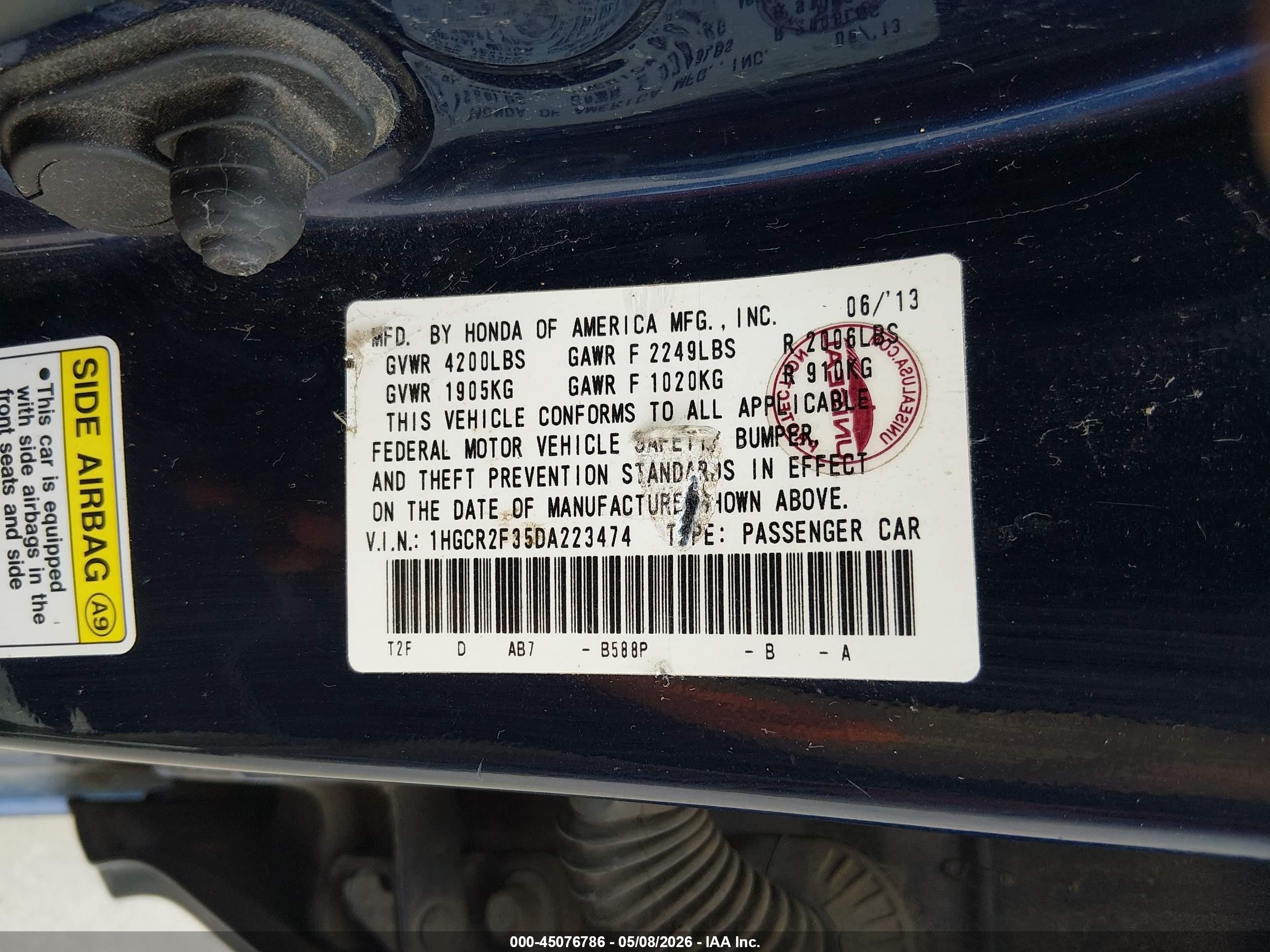 2013 Honda Accord Lx Blue vin: 1HGCR2F35DA223474