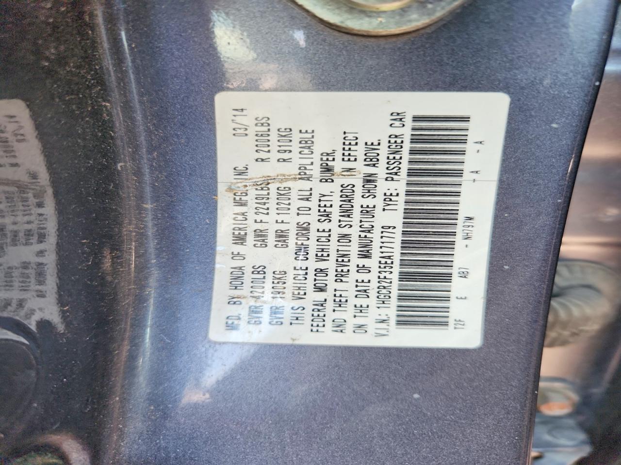 2014 Honda Accord Lx Gray vin: 1HGCR2F35EA171779