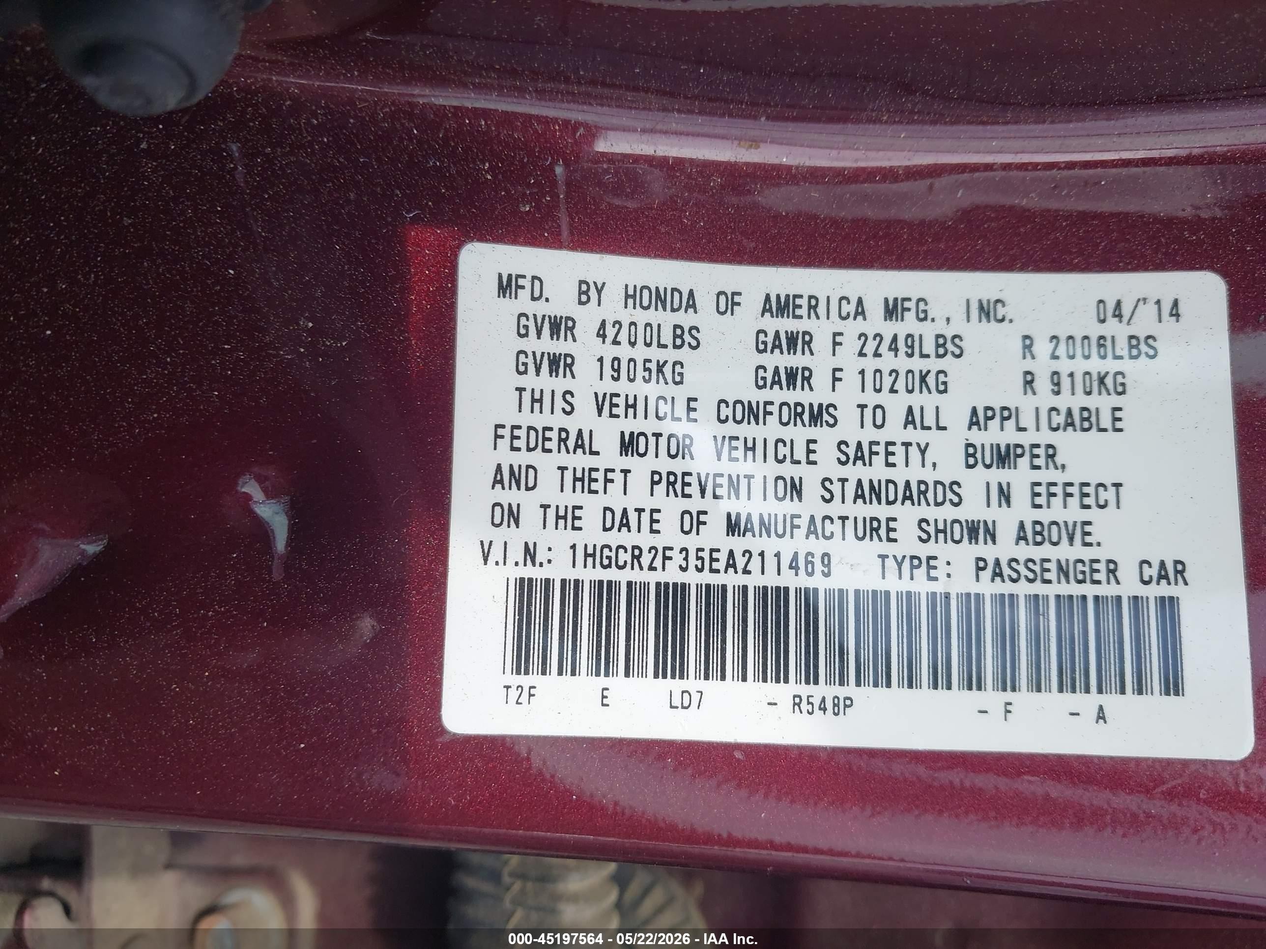 2014 Honda Accord Lx Burgundy vin: 1HGCR2F35EA211469