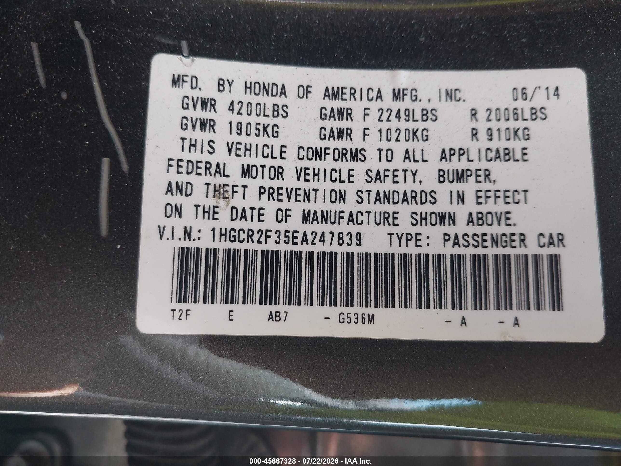2014 Honda Accord Lx Серый vin: 1HGCR2F35EA247839