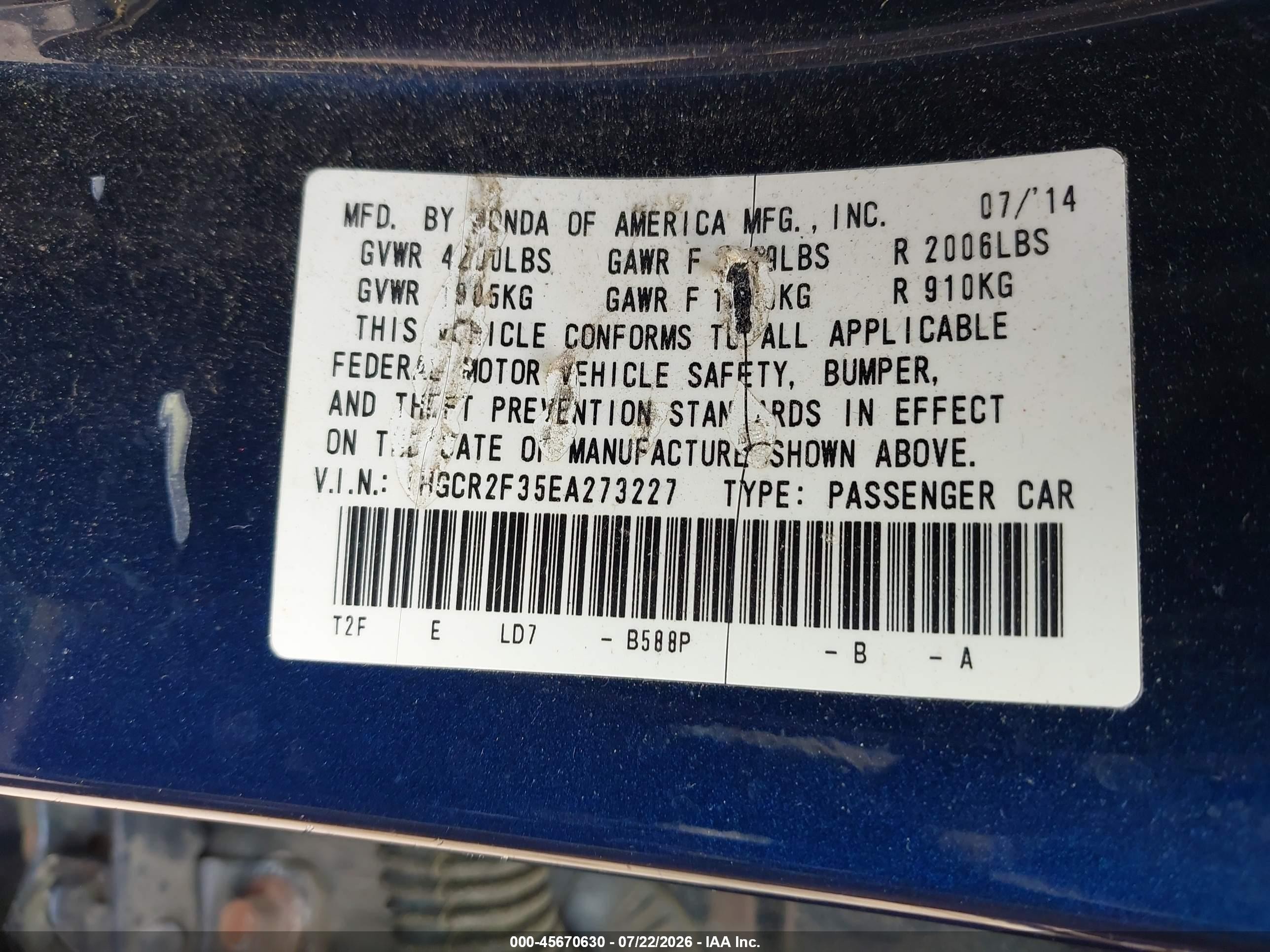 2014 Honda Accord Lx Blue vin: 1HGCR2F35EA273227