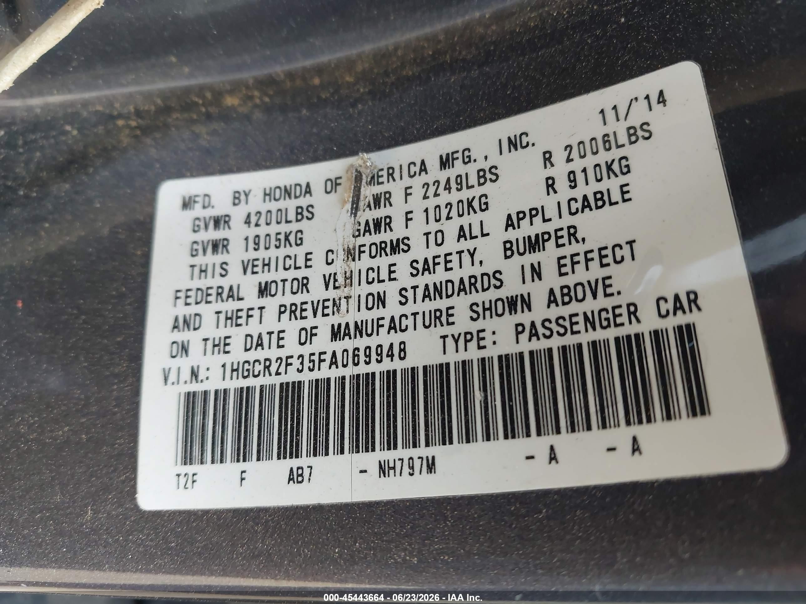 2015 Honda Accord Lx Gray vin: 1HGCR2F35FA069948