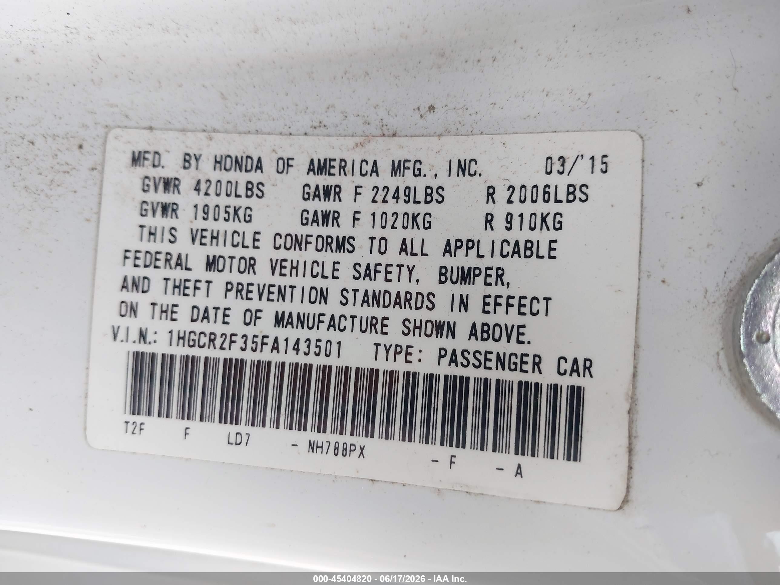 2015 Honda Accord Lx White vin: 1HGCR2F35FA143501