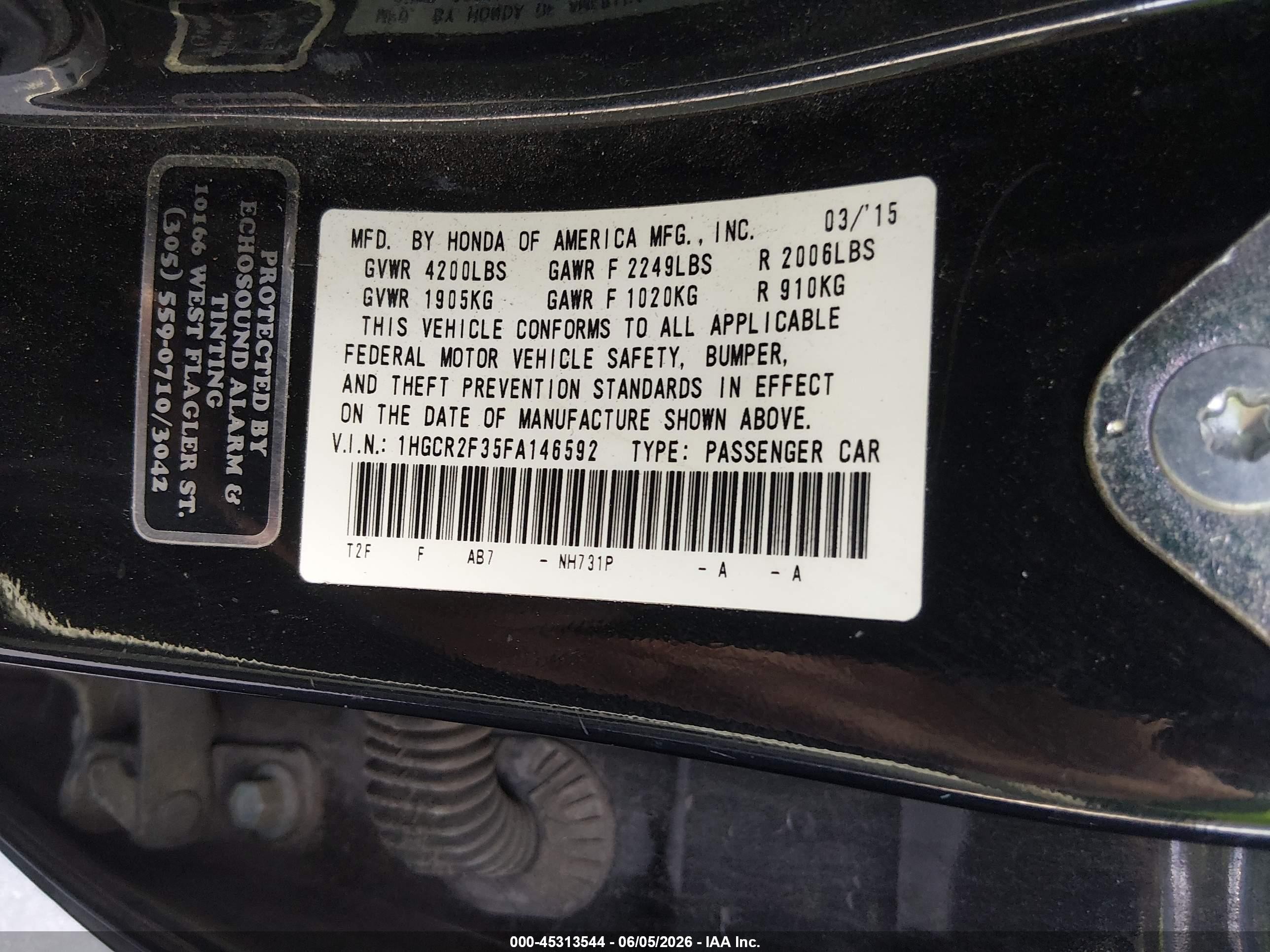 2015 Honda Accord Lx Черный vin: 1HGCR2F35FA146592