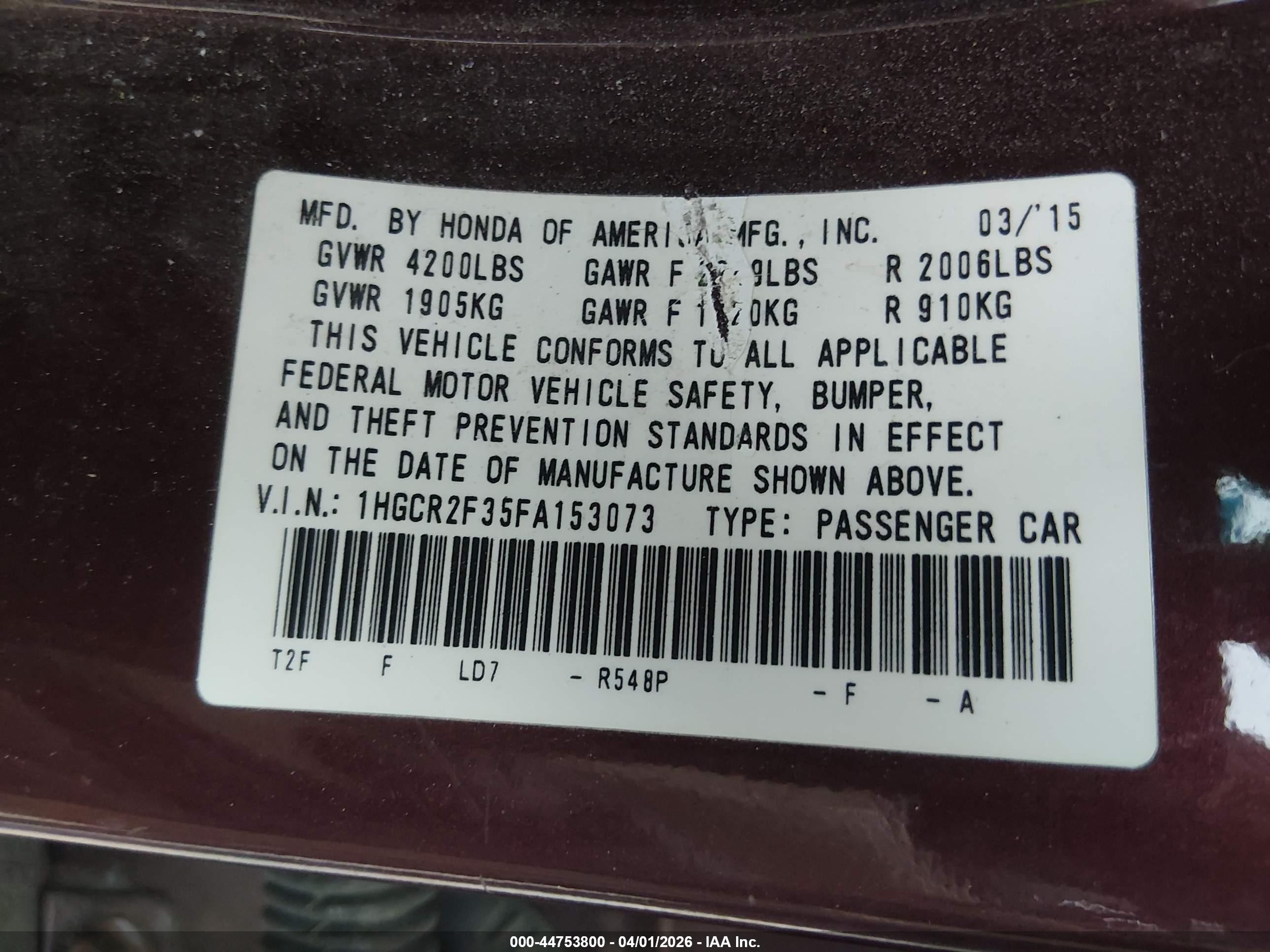 2015 Honda Accord Lx Red vin: 1HGCR2F35FA153073