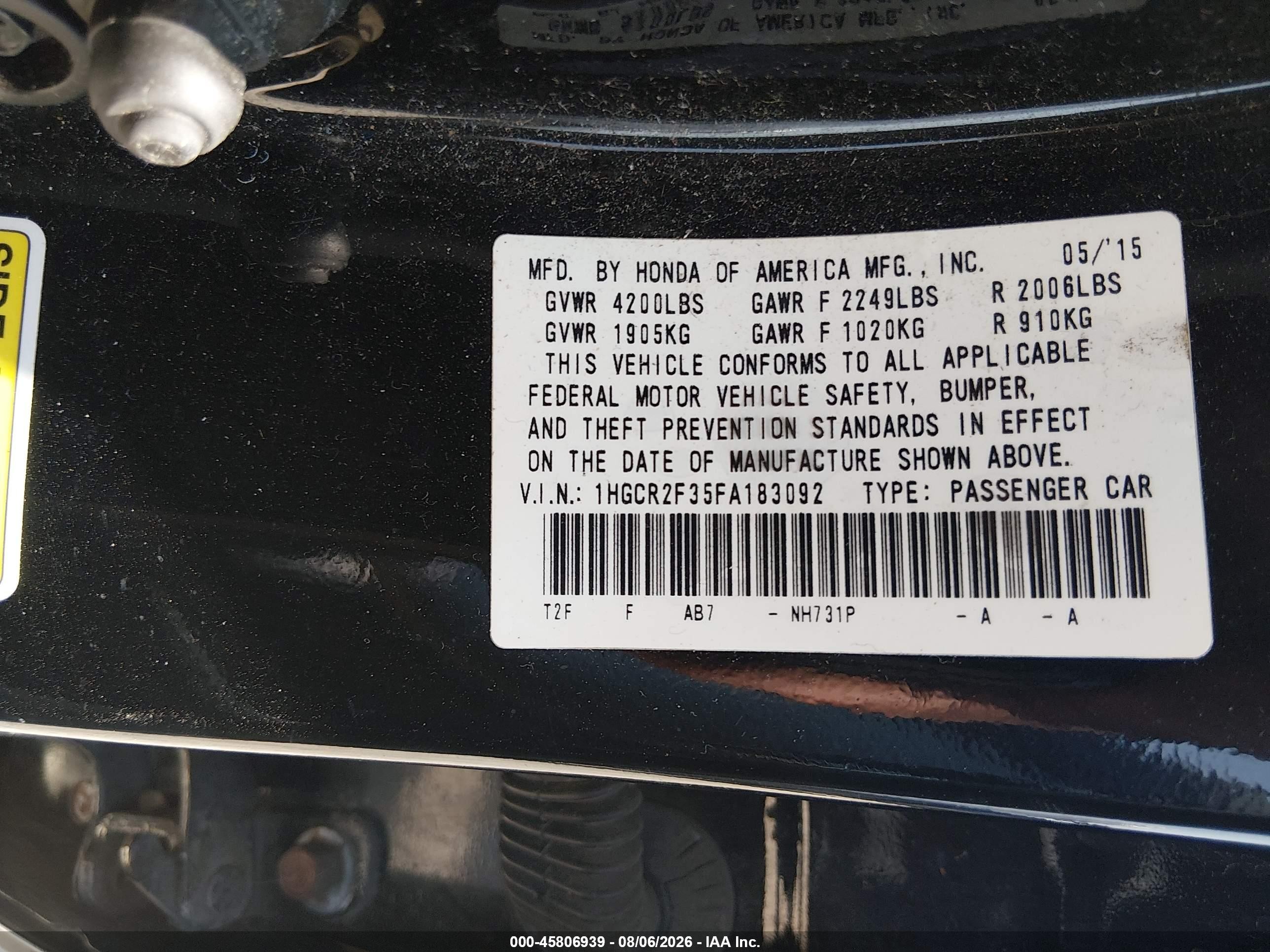 2015 Honda Accord Lx Черный vin: 1HGCR2F35FA183092