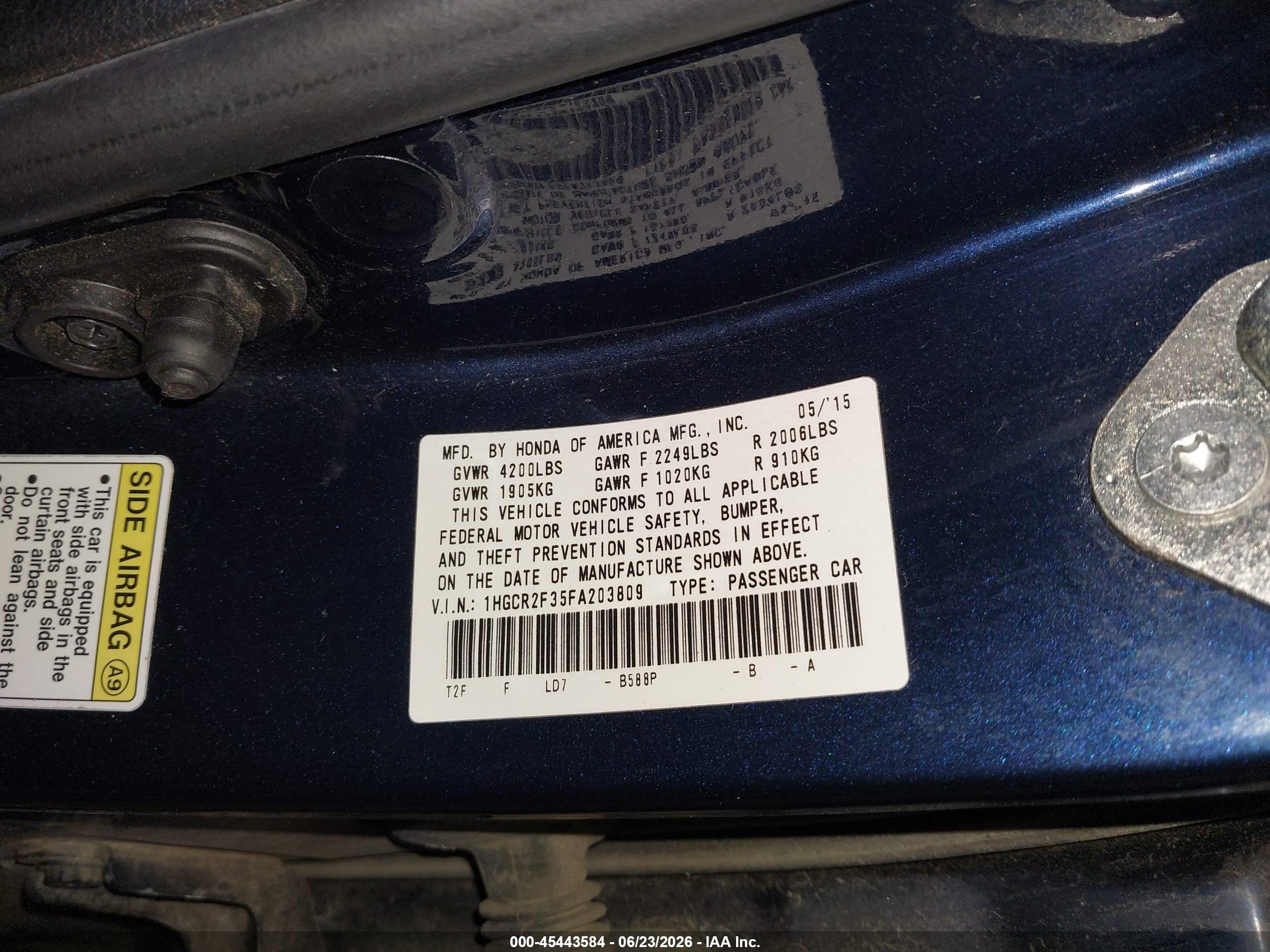 2015 Honda Accord Lx Blue vin: 1HGCR2F35FA203809