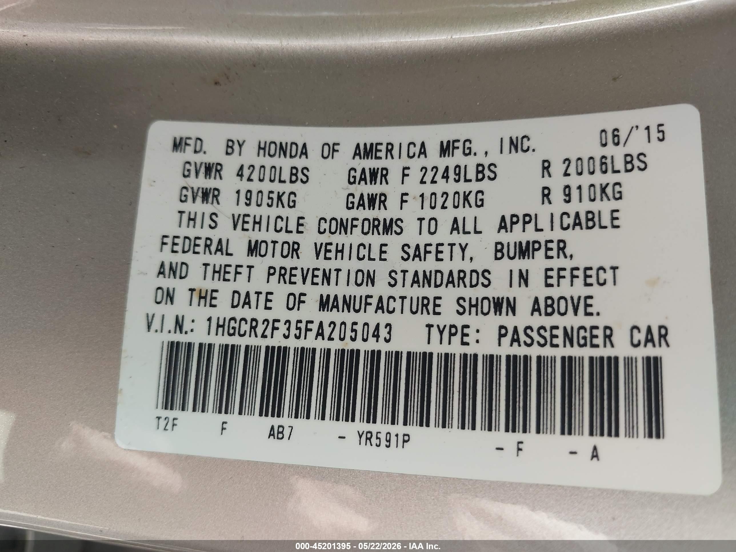 2015 Honda Accord Lx Серебряный vin: 1HGCR2F35FA205043
