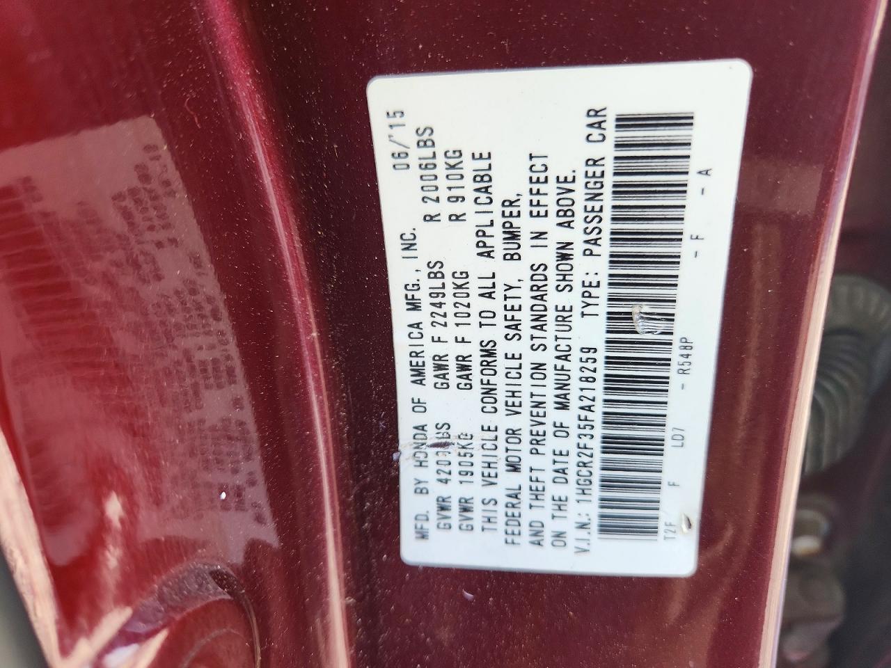 2015 Honda Accord Lx Темно-бордовый vin: 1HGCR2F35FA218259