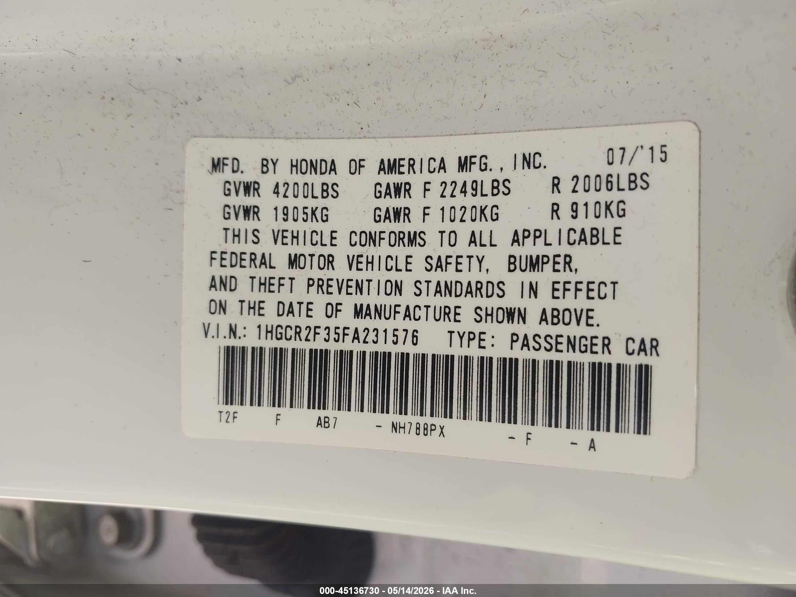 2015 Honda Accord Lx White vin: 1HGCR2F35FA231576