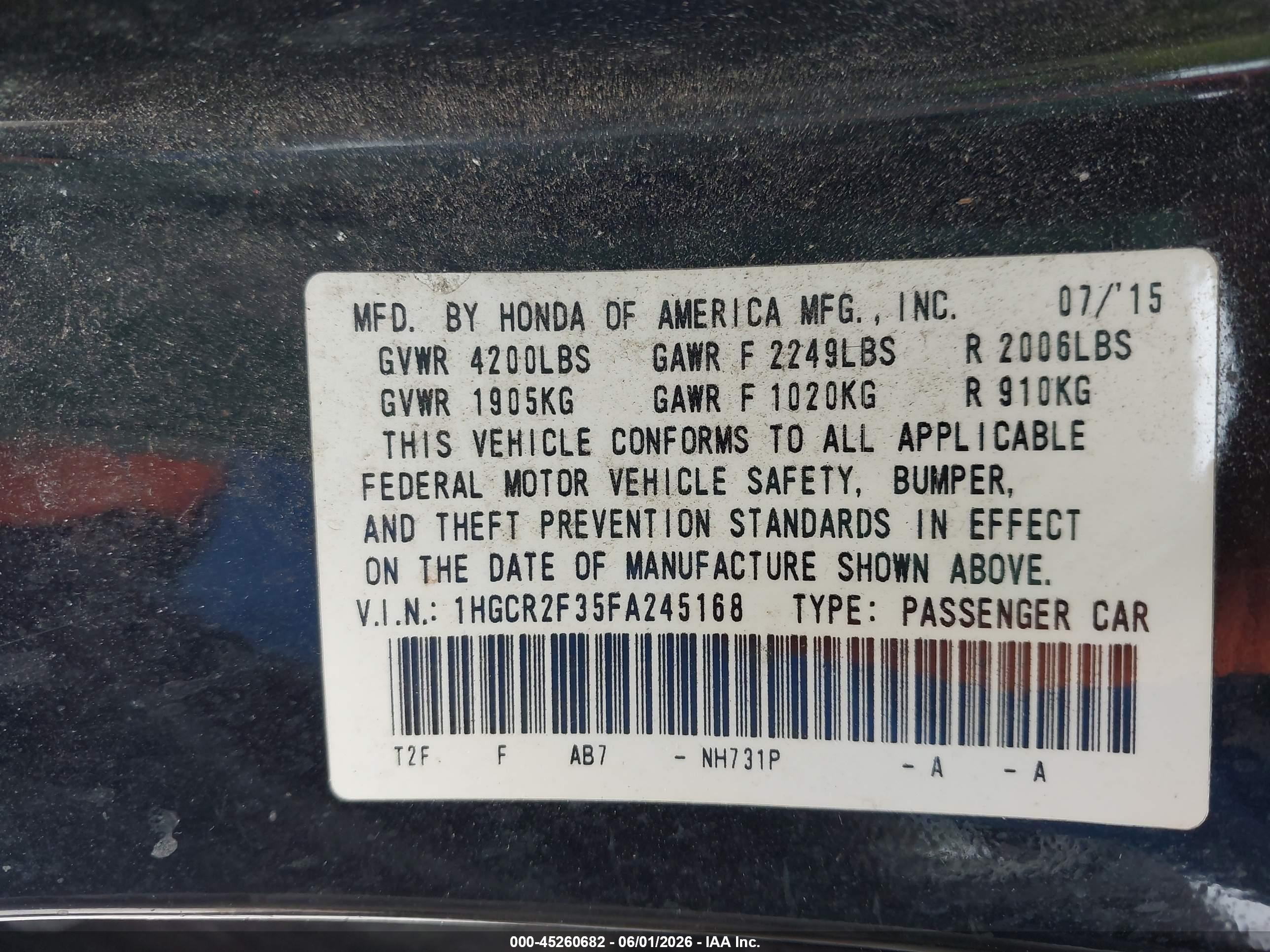 2015 Honda Accord Lx Black vin: 1HGCR2F35FA245168