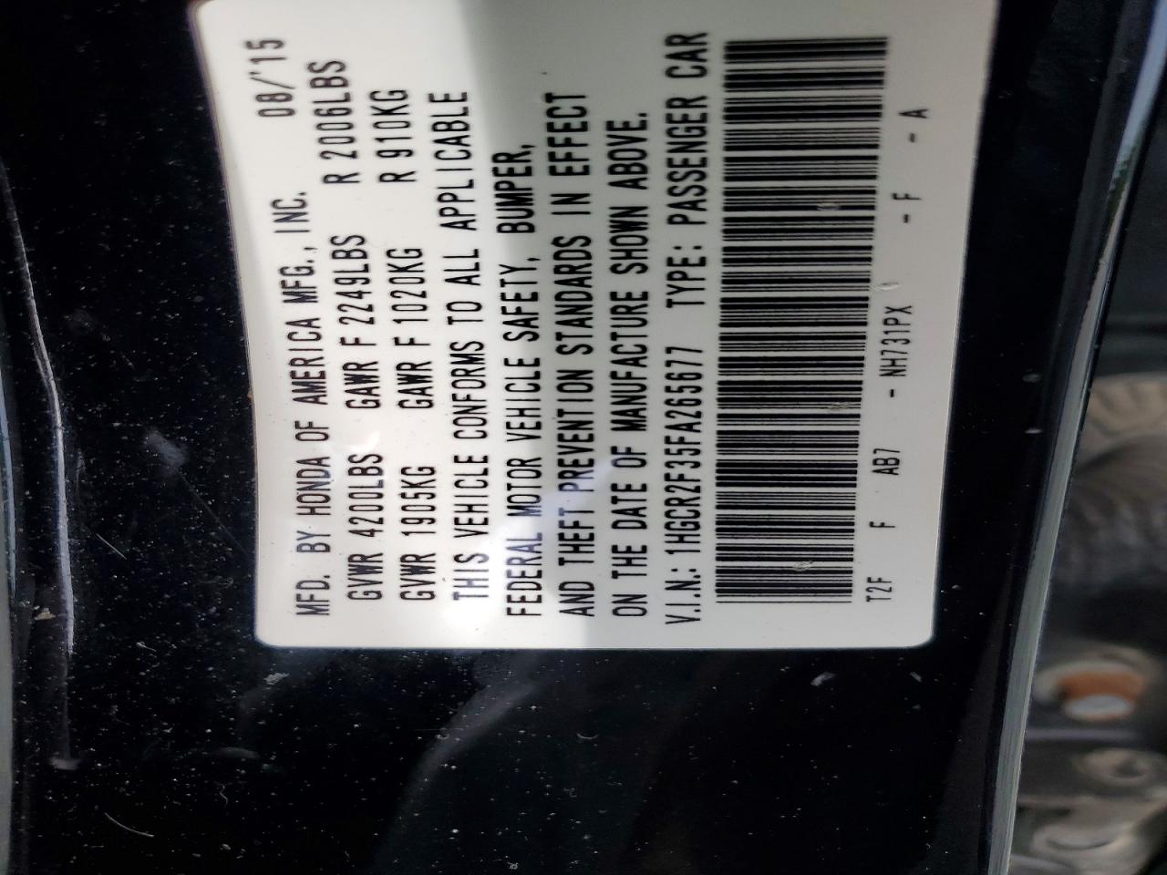 2015 Hond Accord Black vin: 1HGCR2F35FA265677