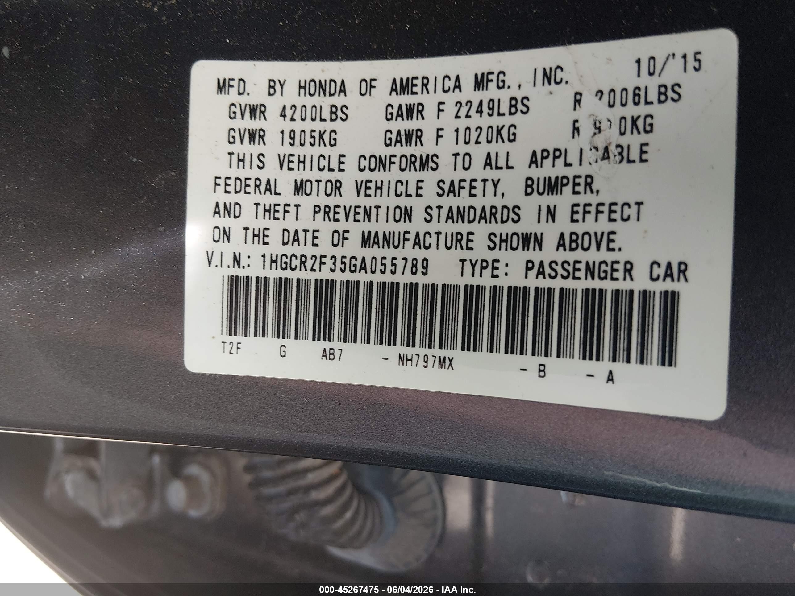 2016 Honda Accord Lx Gray vin: 1HGCR2F35GA055789