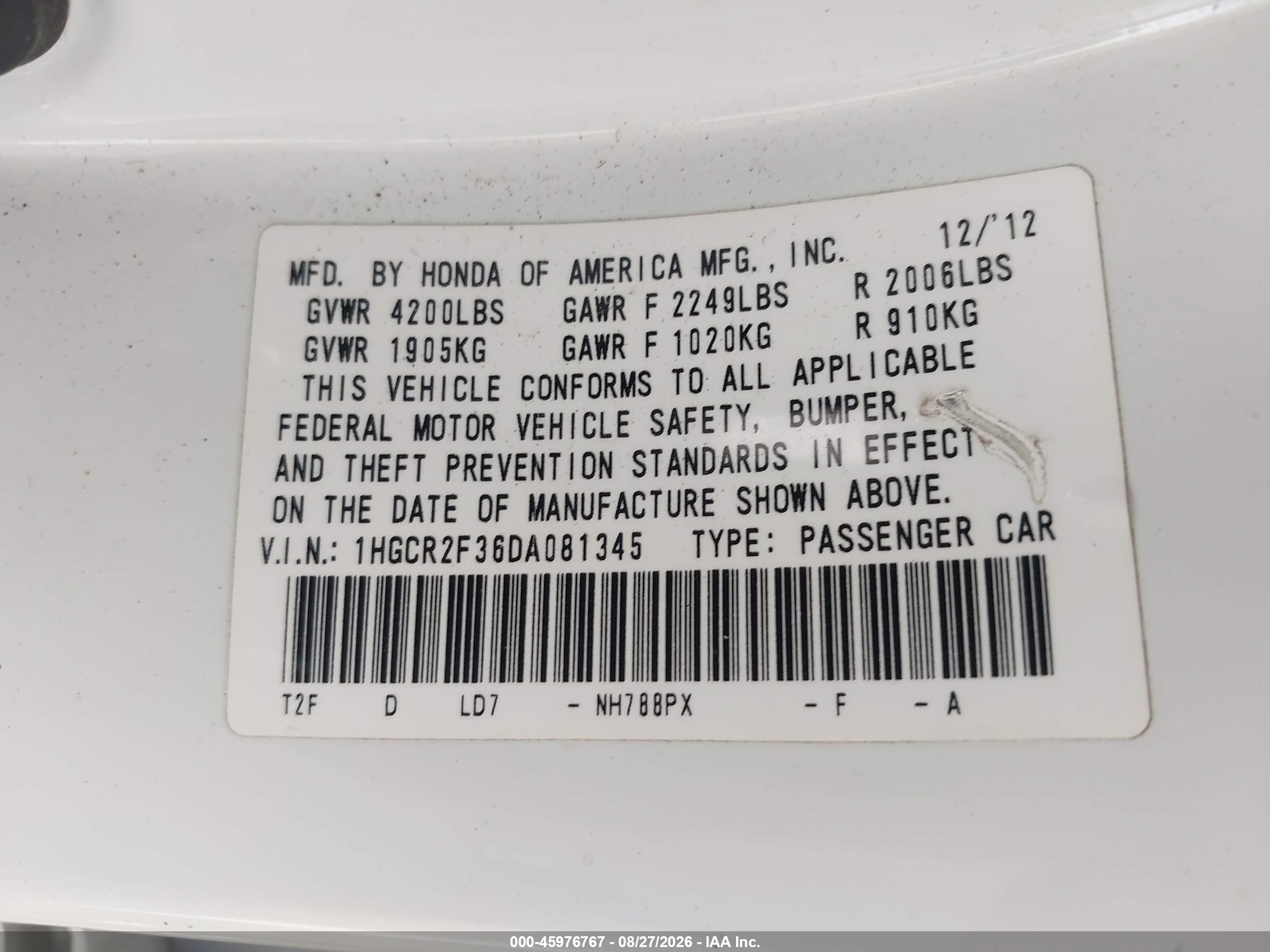 2013 Honda Accord Lx Белый vin: 1HGCR2F36DA081345