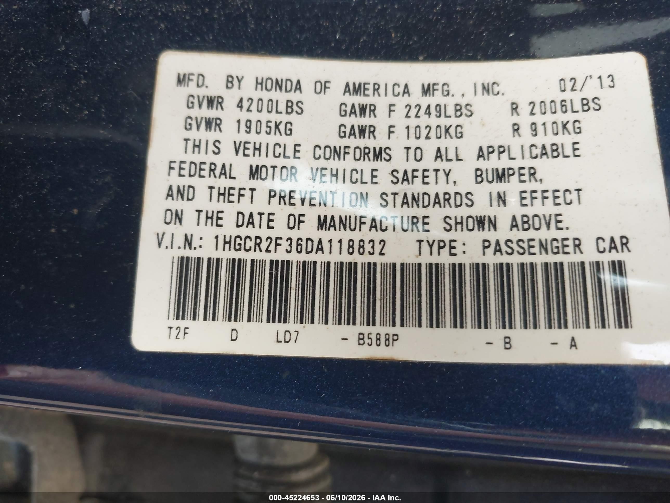 2013 Honda Accord Lx Blue vin: 1HGCR2F36DA118832