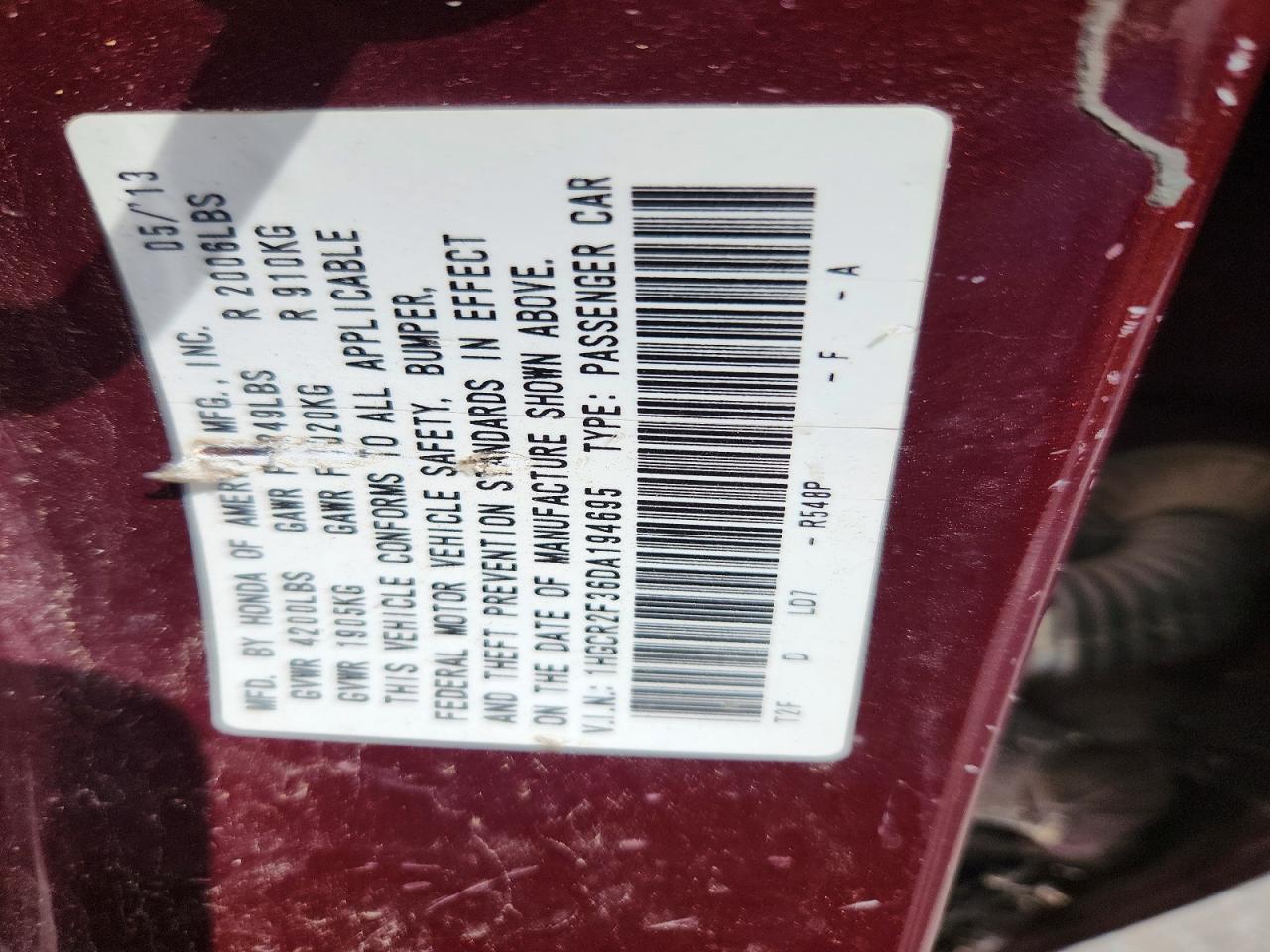 2013 Honda Accord Lx Burgundy vin: 1HGCR2F36DA194695