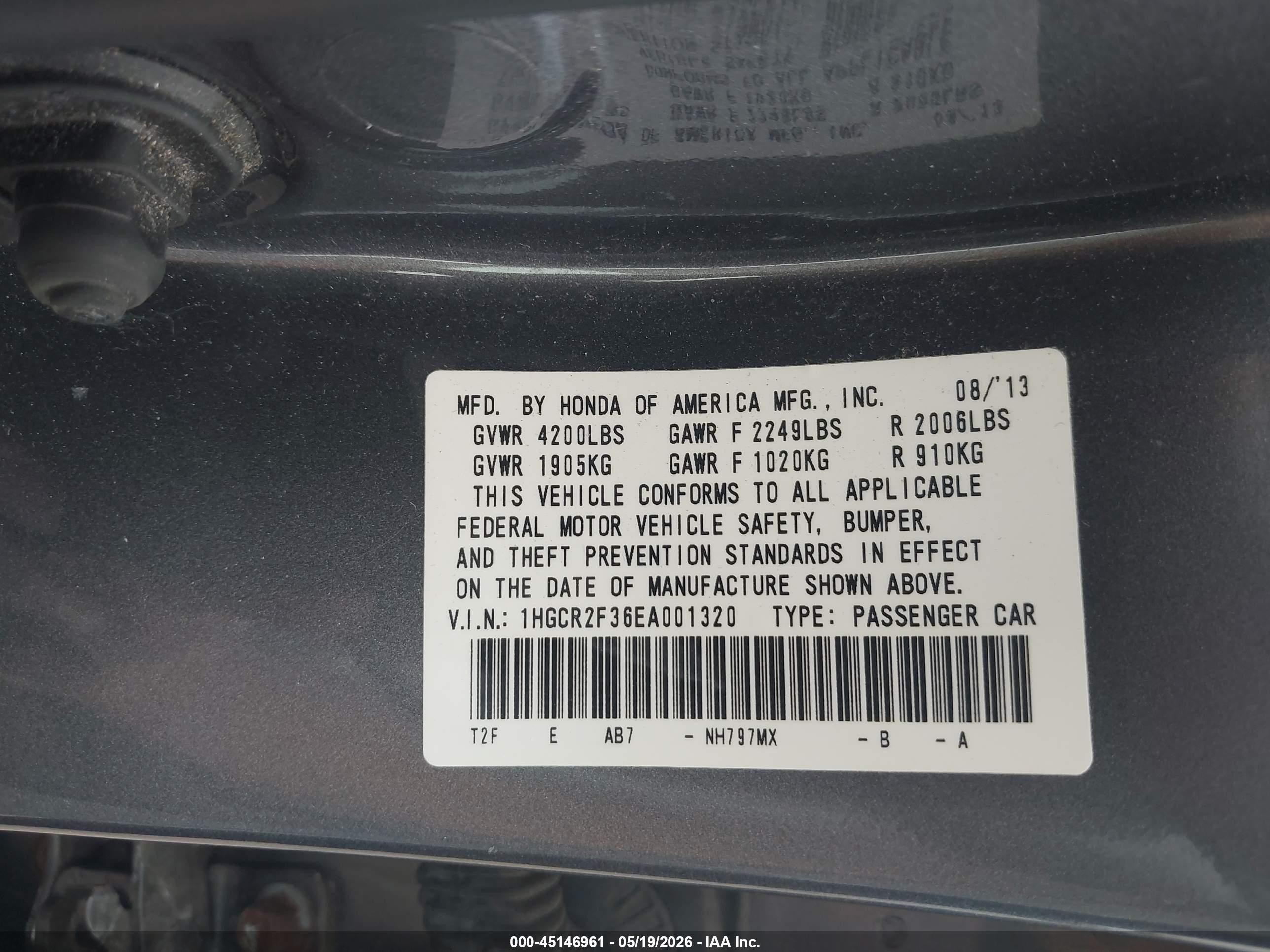 2014 Honda Accord Lx Gray vin: 1HGCR2F36EA001320