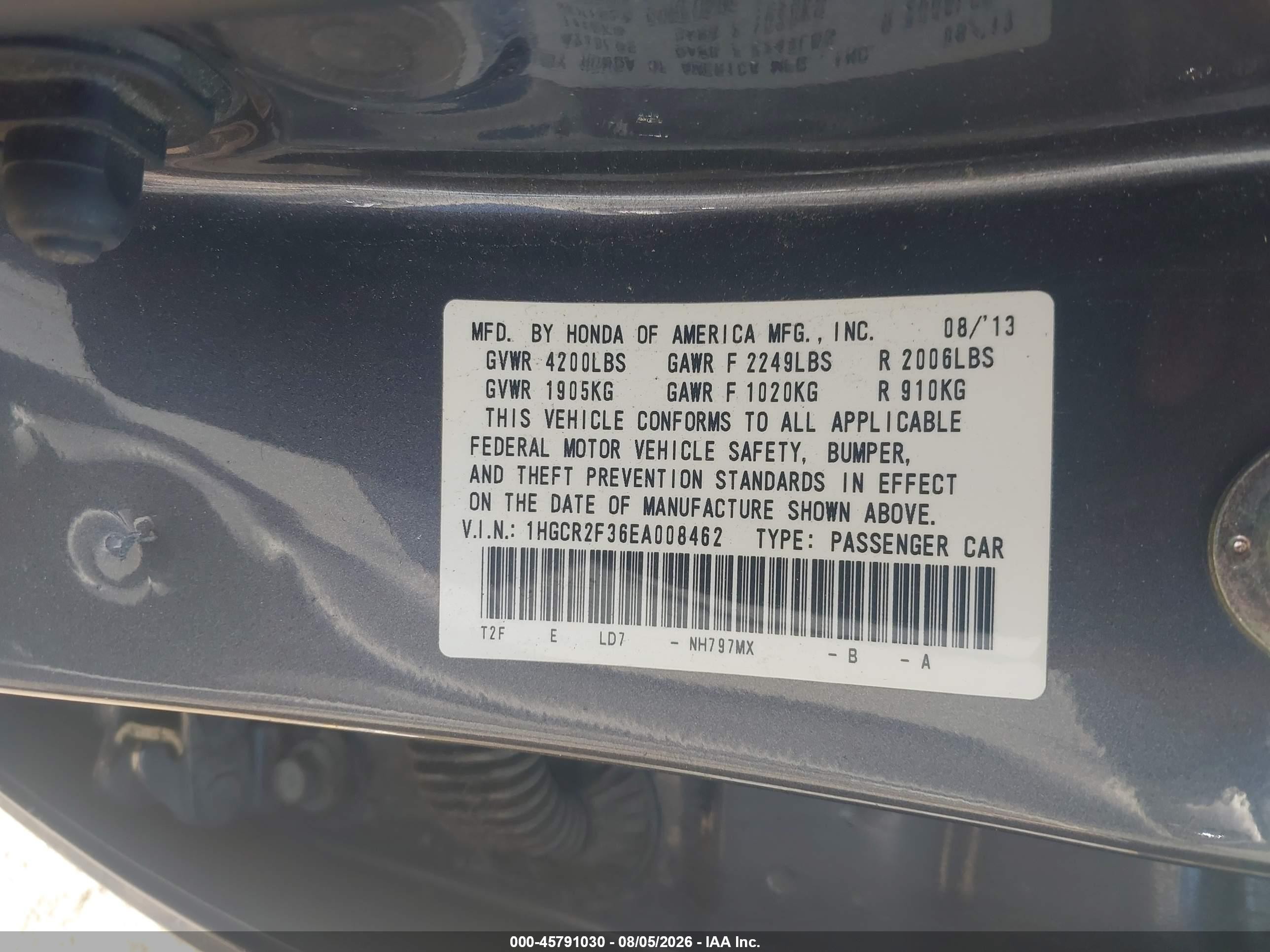2014 Honda Accord Lx Gray vin: 1HGCR2F36EA008462