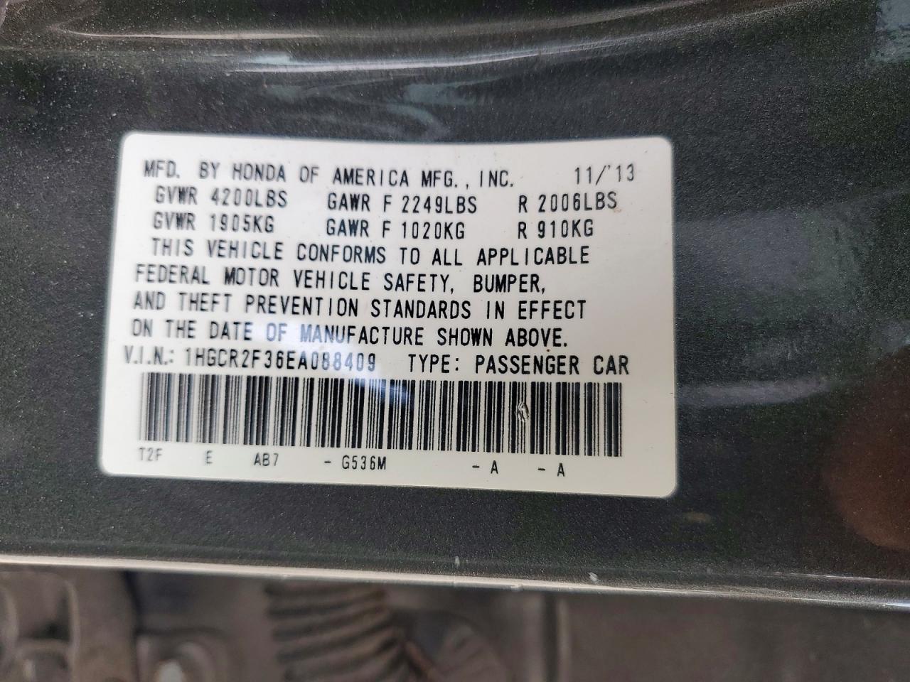 2014 Honda Accord Lx Угольный vin: 1HGCR2F36EA088409