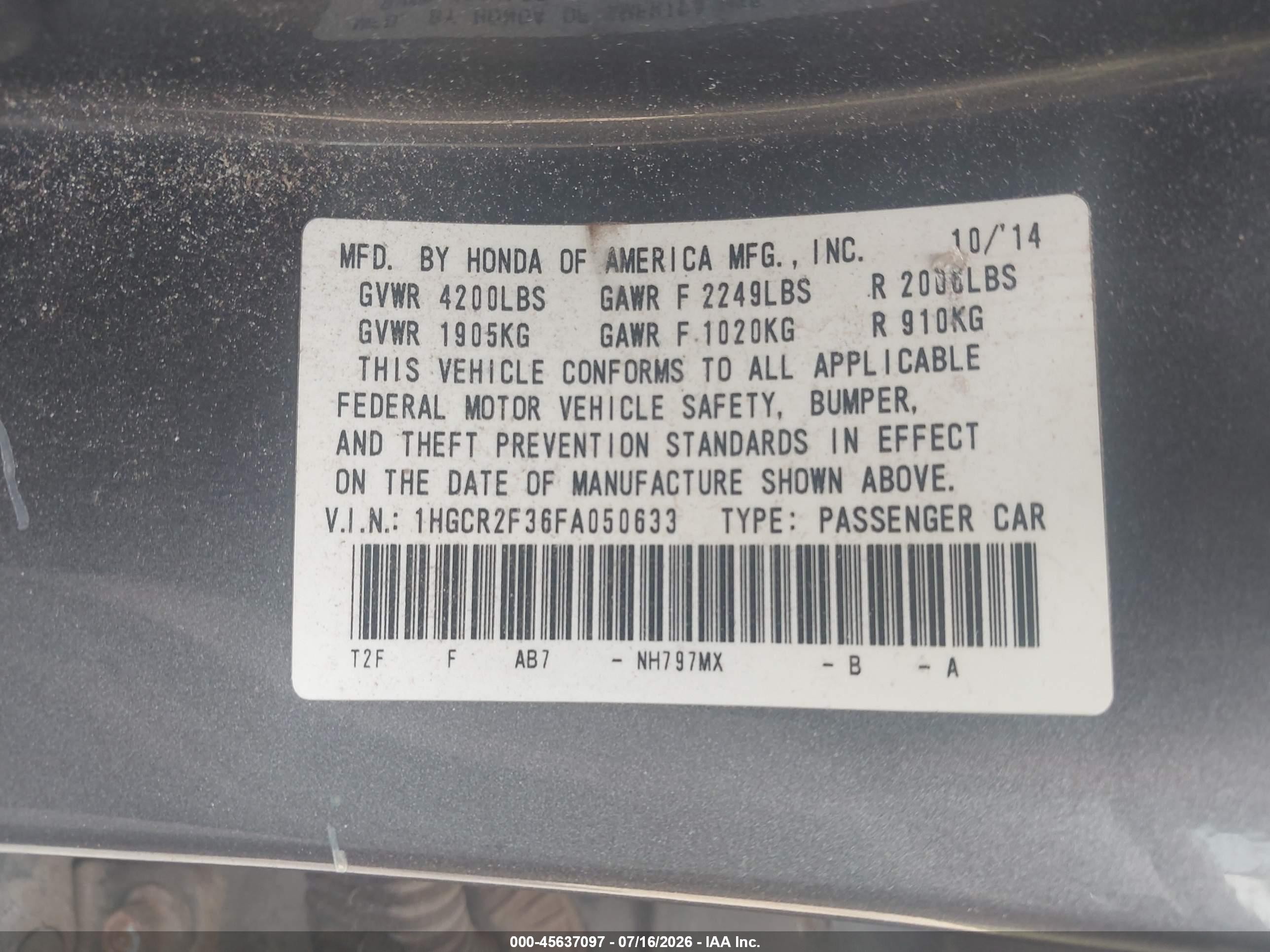 2015 Honda Accord Lx Серый vin: 1HGCR2F36FA050633