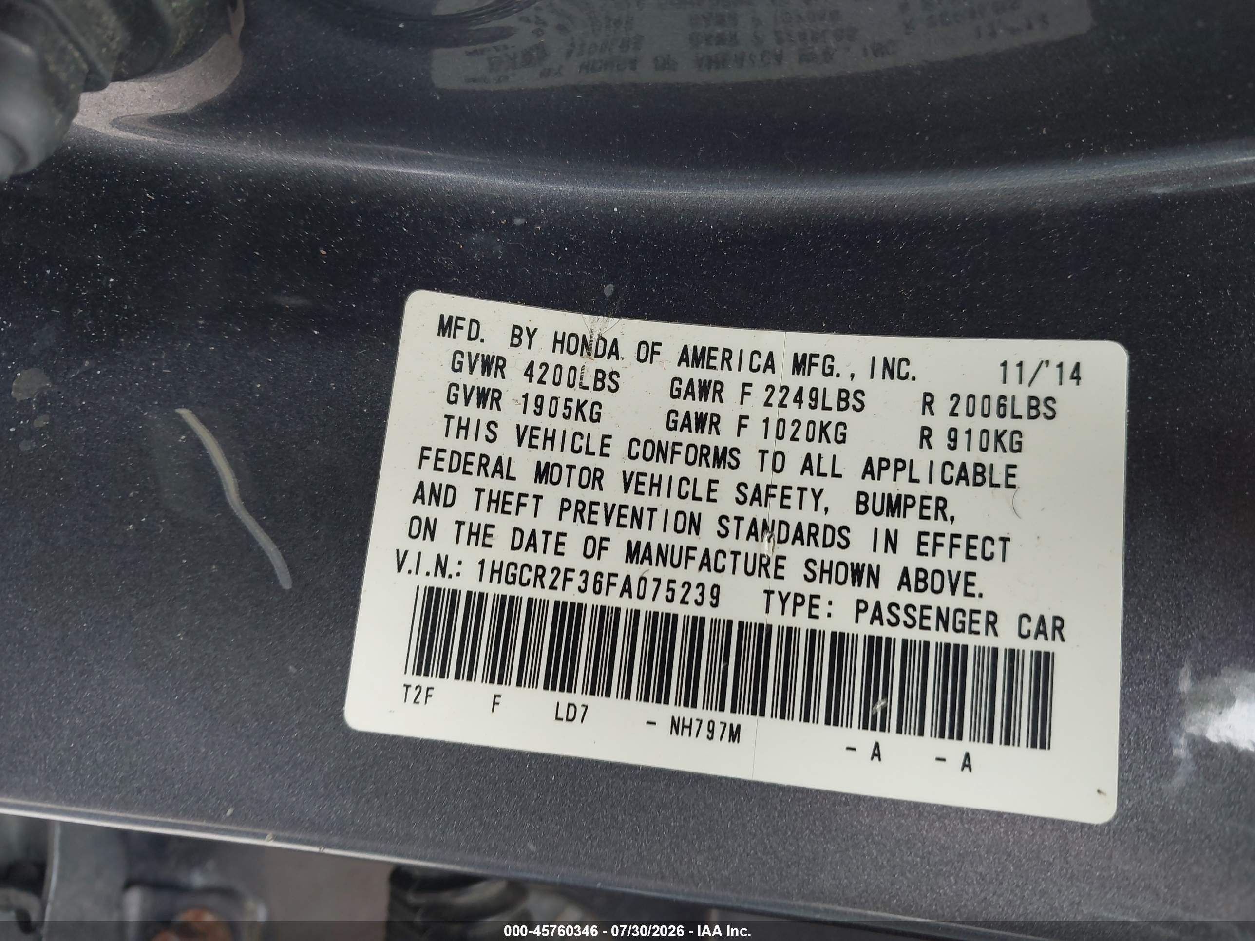 2015 Honda Accord Lx Серый vin: 1HGCR2F36FA075239