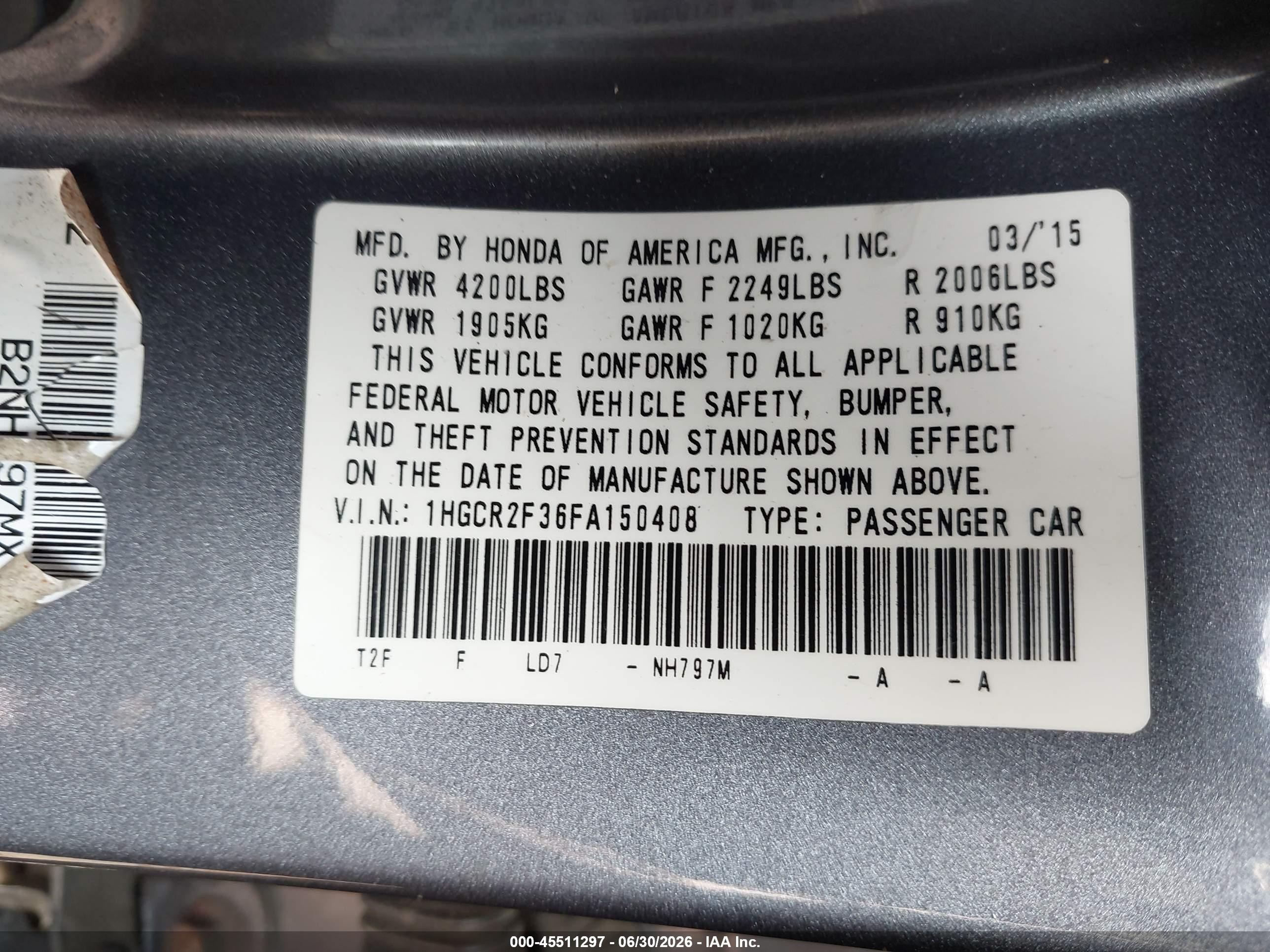 2015 Honda Accord Lx Gray vin: 1HGCR2F36FA150408