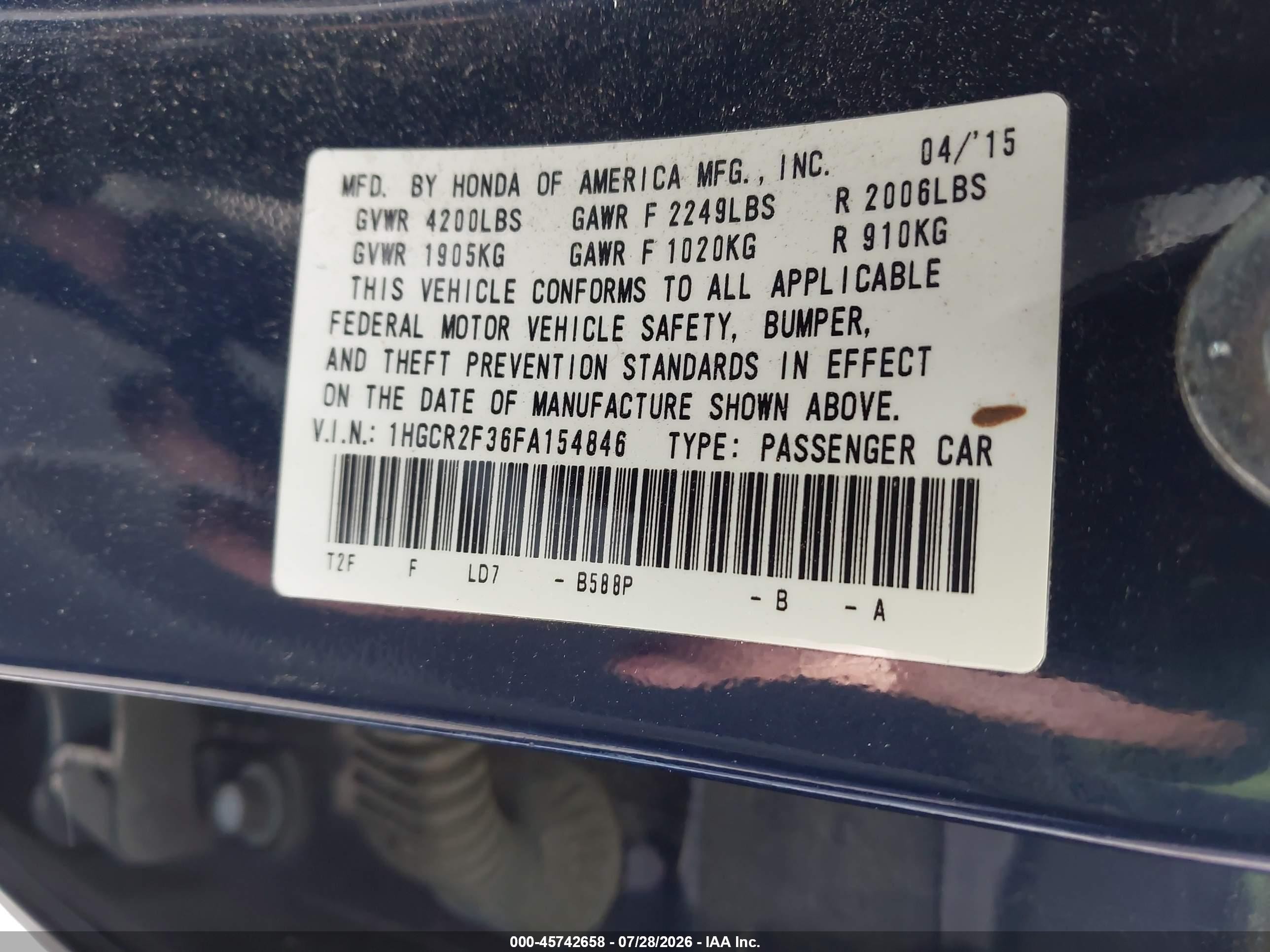 2015 Honda Accord Lx Blue vin: 1HGCR2F36FA154846
